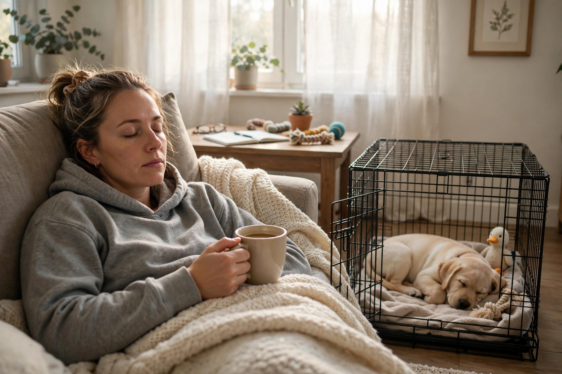 Tired dog owner dozing on couch with coffee while puppy naps in crate