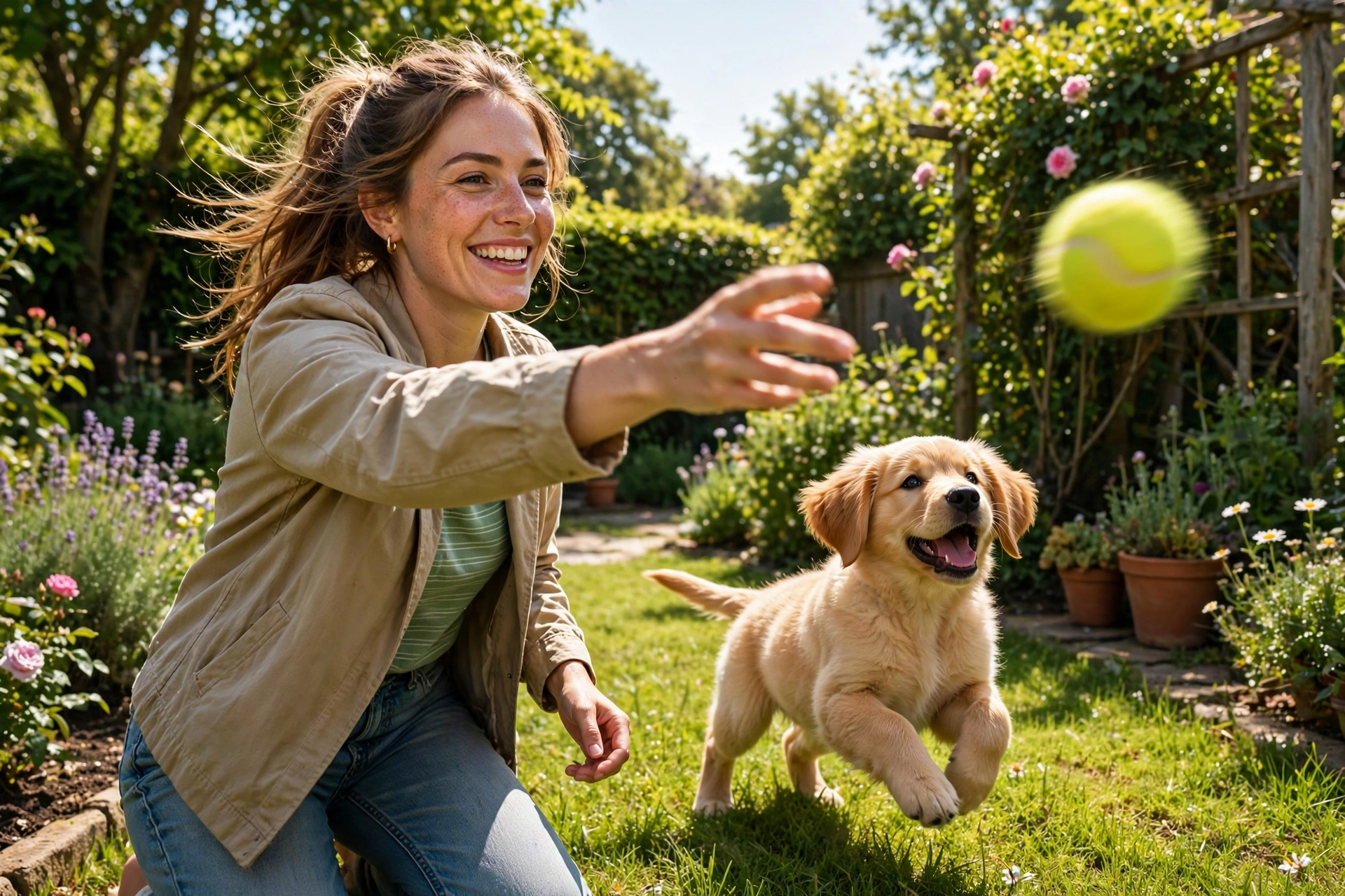 Smiling owner playing fetch with happy golden retriever puppy in sunny garden