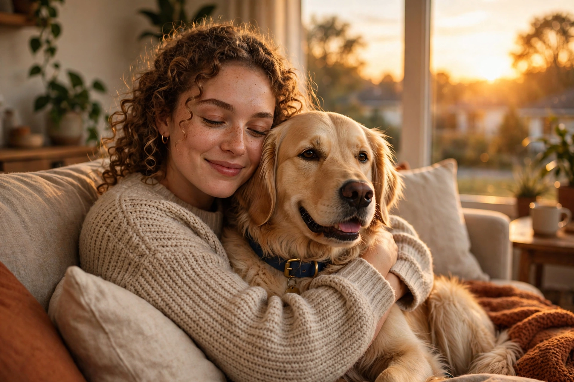 Person cuddling a content adult dog on a couch at sunset