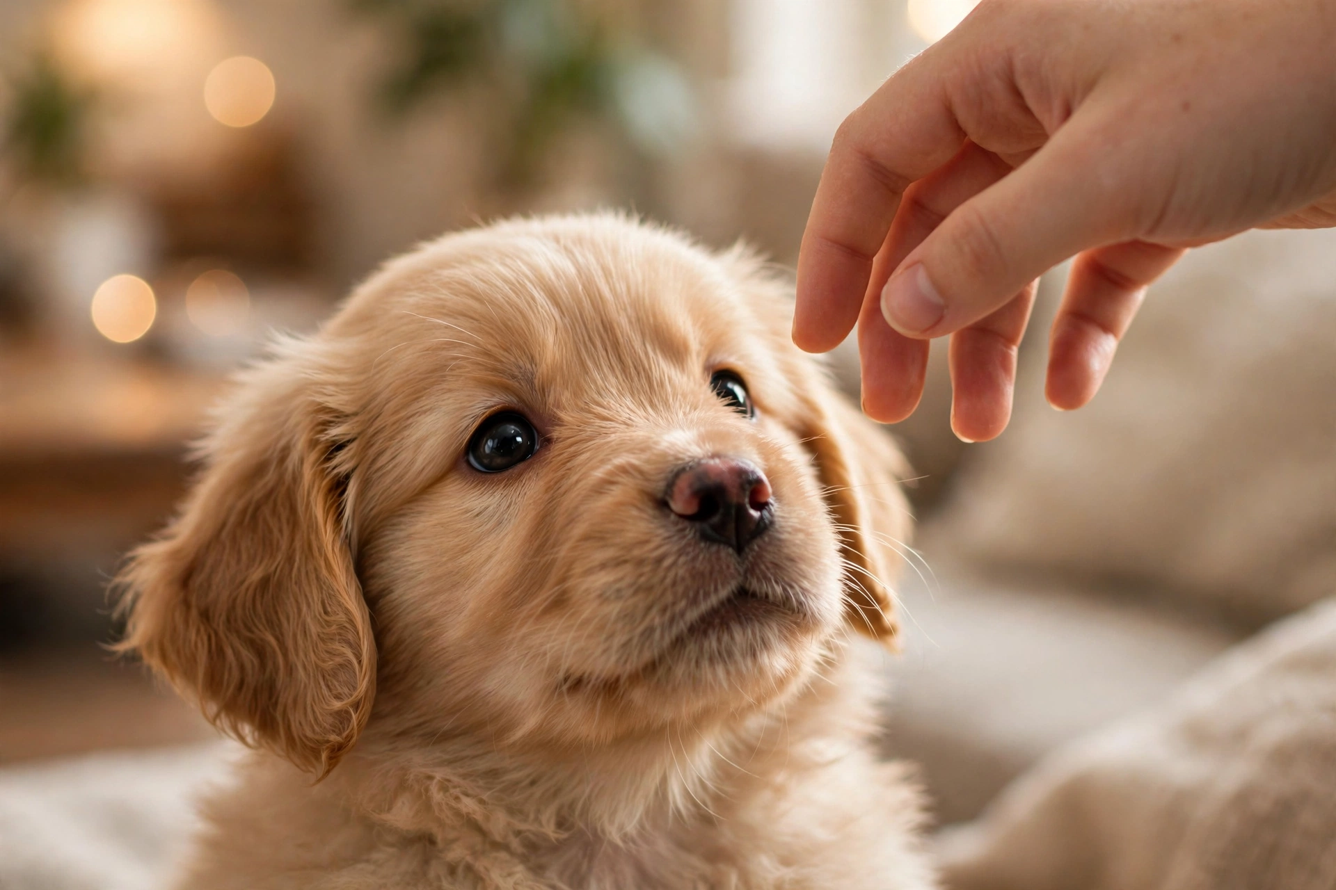 Tiny golden retriever puppy gazing up trustingly at its owner