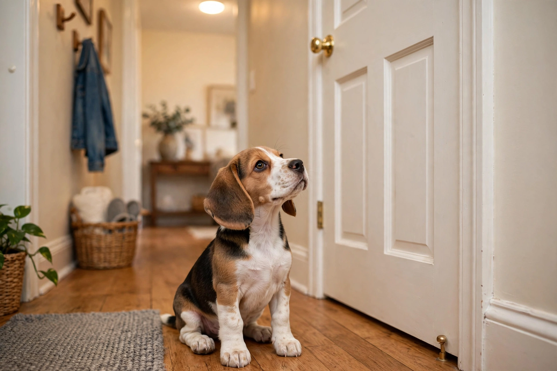 Beagle puppy waiting patiently outside a closed bathroom door
