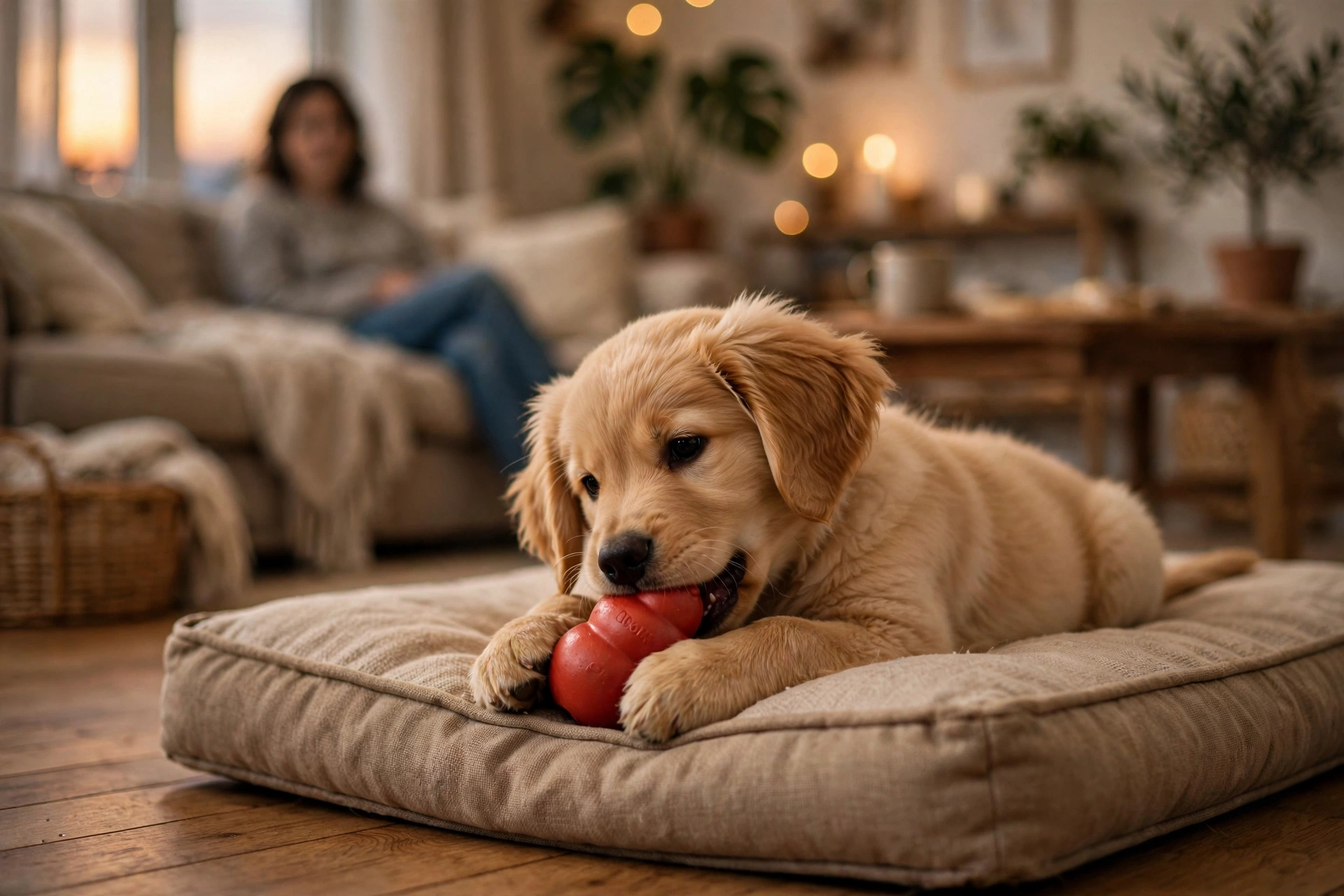 Puppy lying on its own bed chewing a Kong toy independently