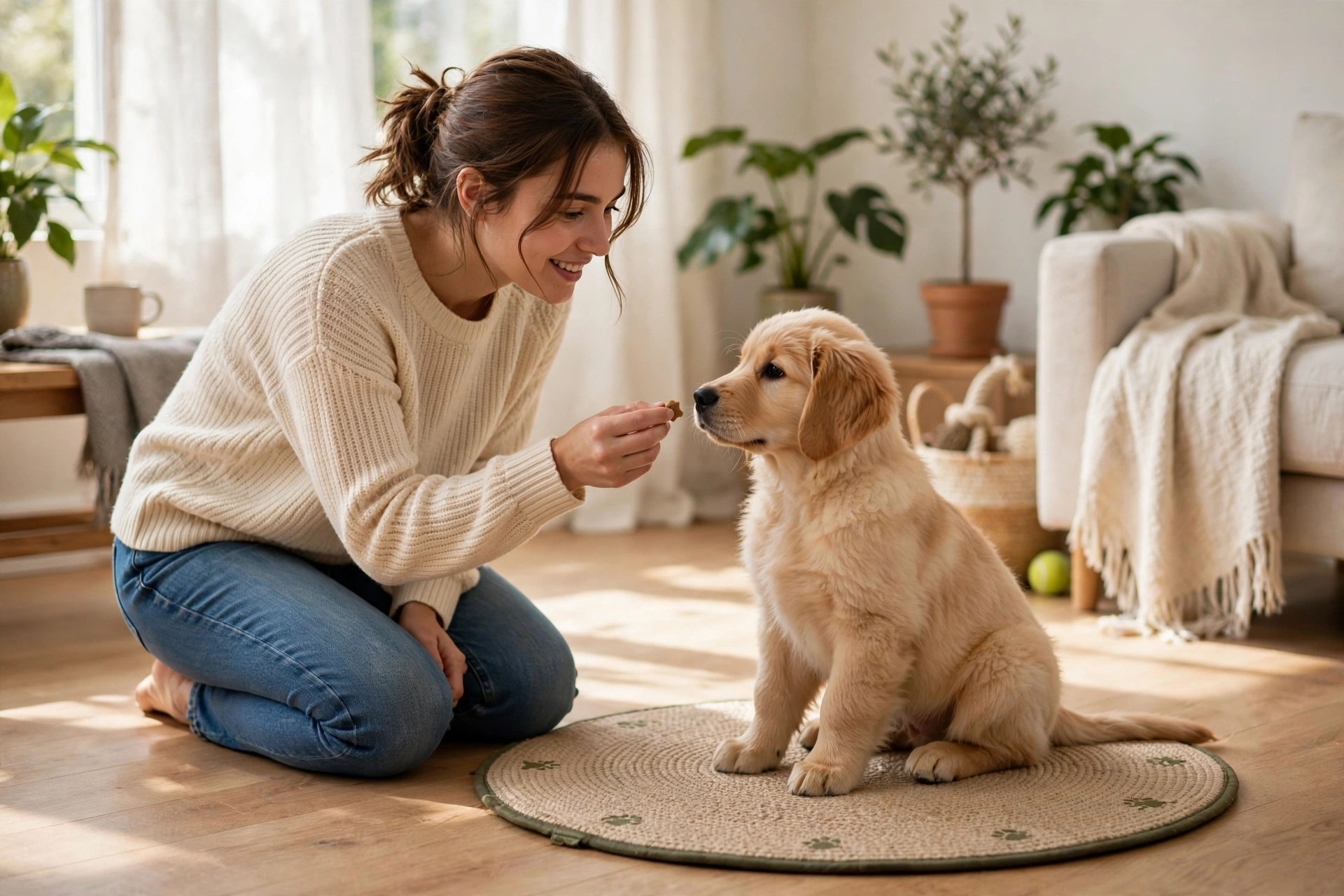 Woman rewarding a puppy for settling calmly on a training mat