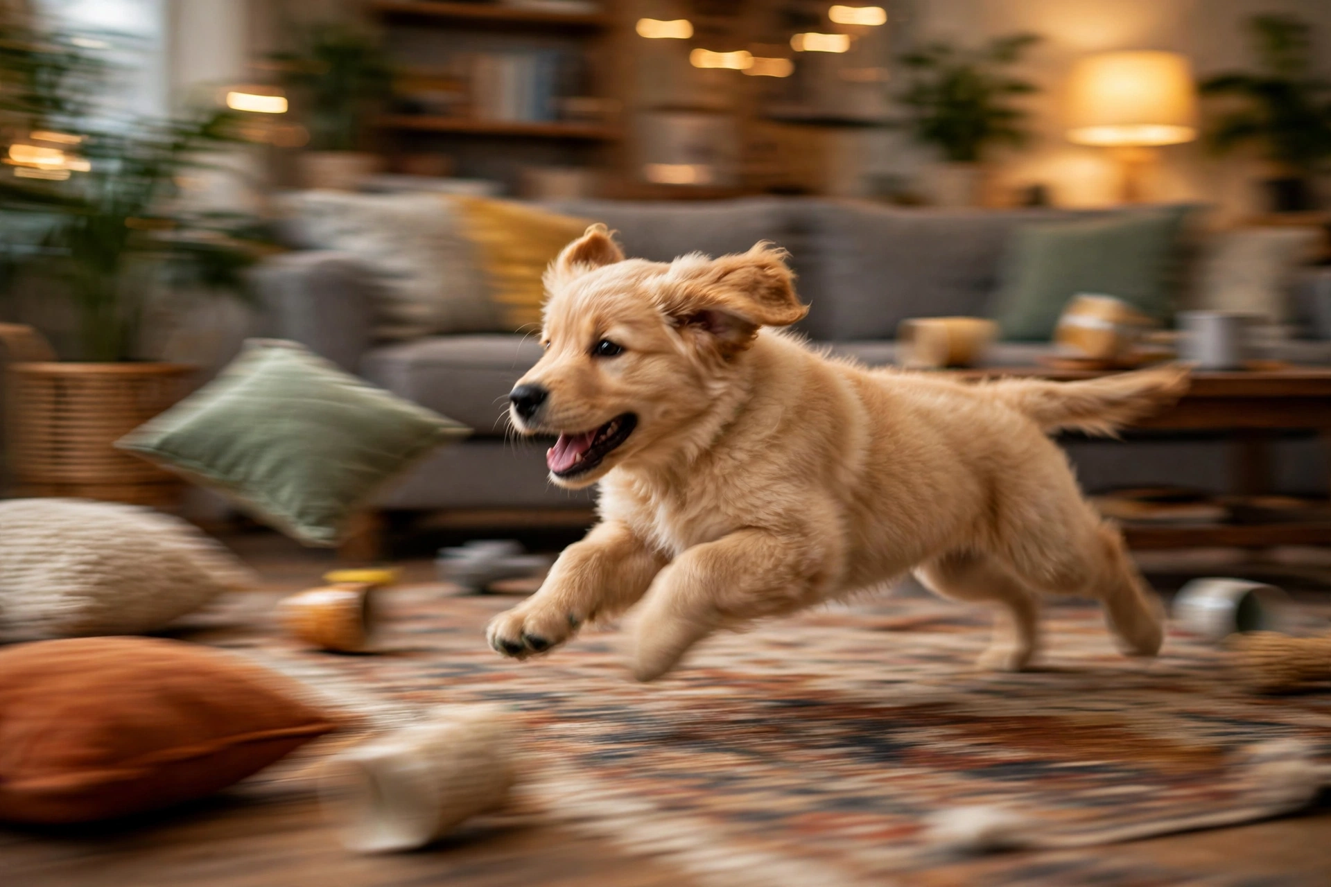Golden retriever puppy racing around a living room during indoor zoomies
