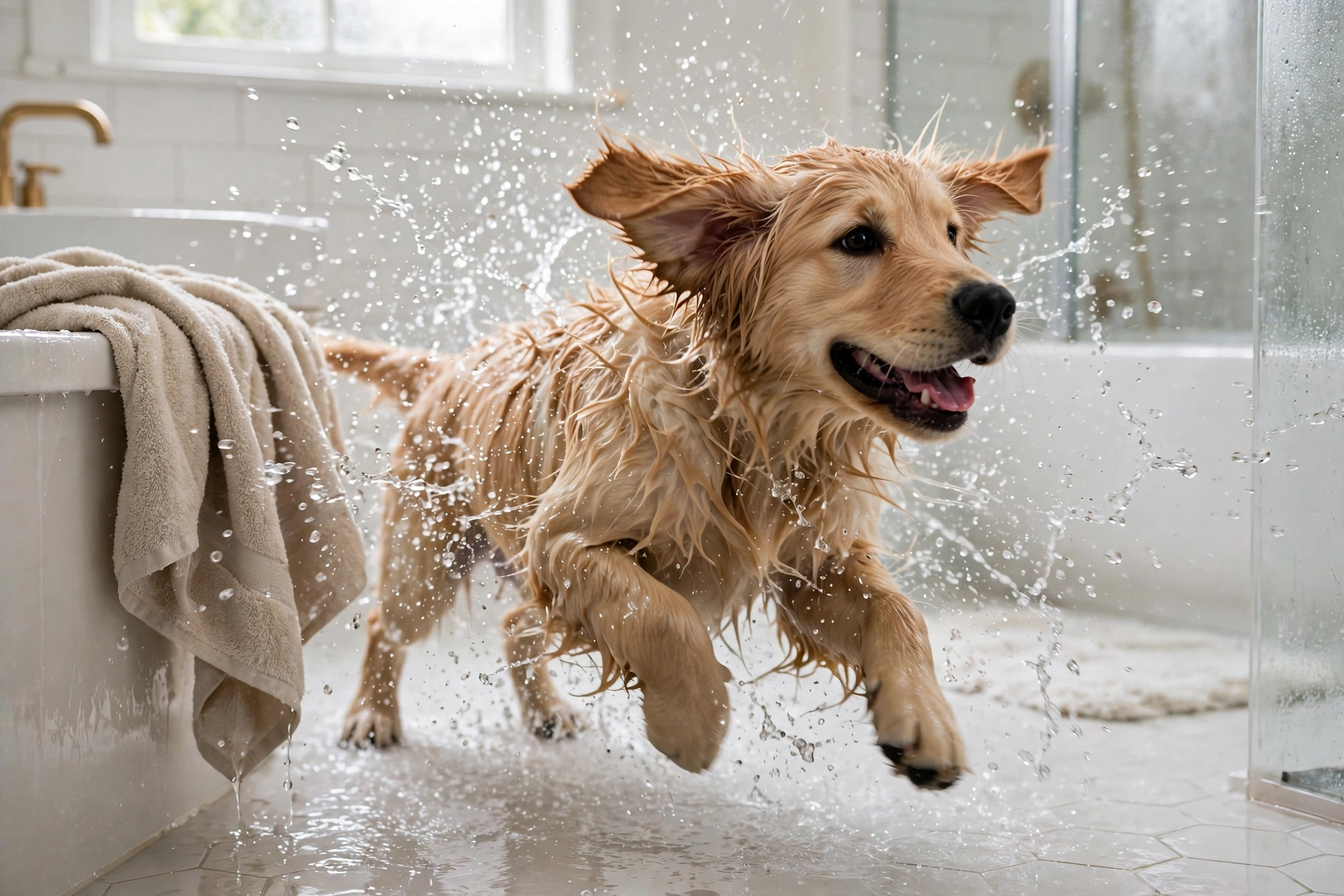 Wet golden retriever puppy shaking off water after a bath