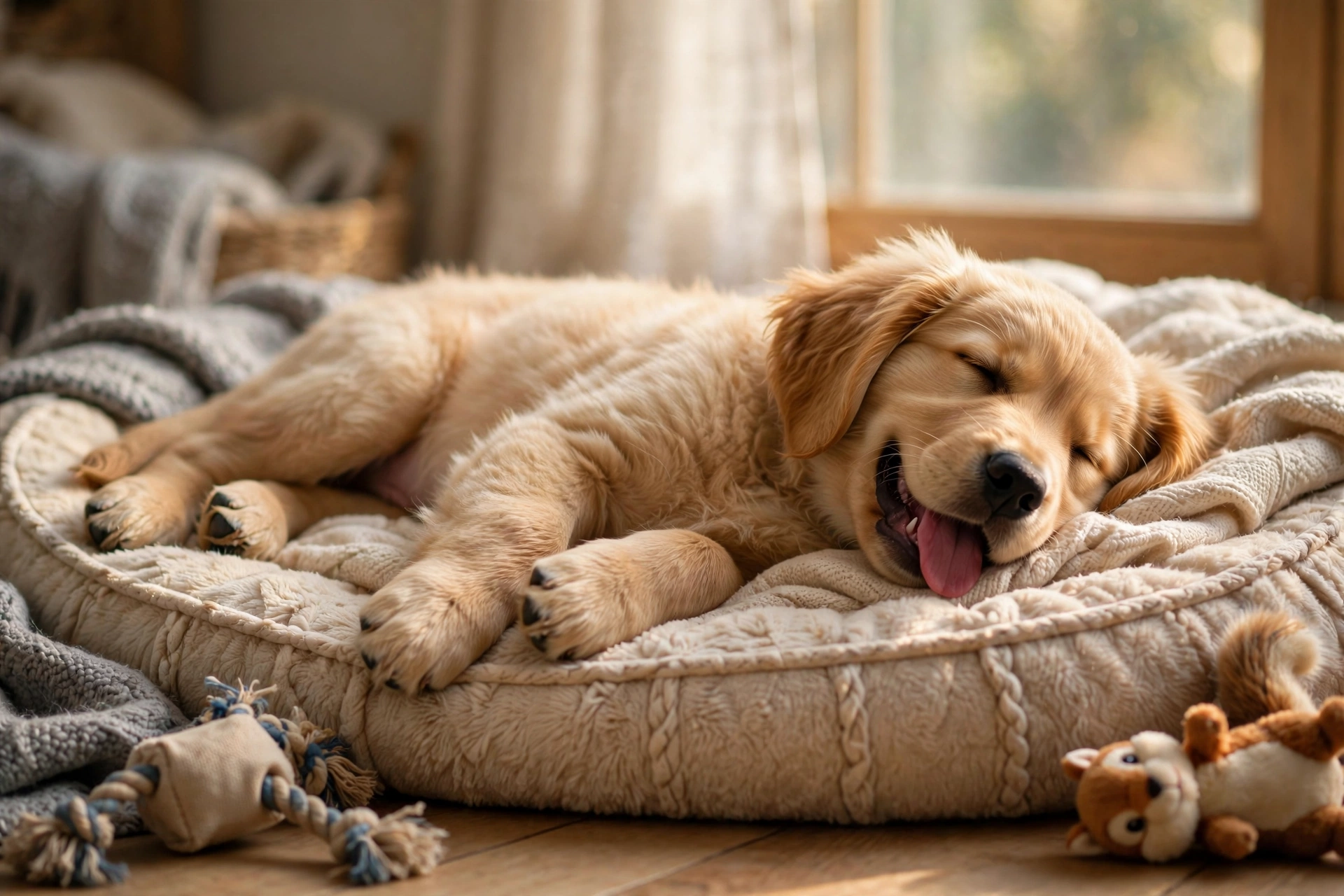 Tired golden retriever puppy resting on a dog bed after zoomies