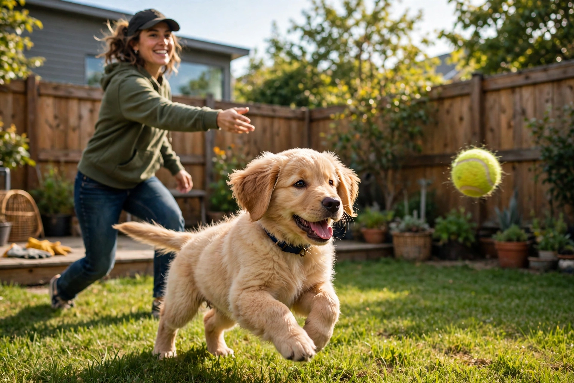 Owner playing fetch with a golden retriever puppy in a fenced backyard