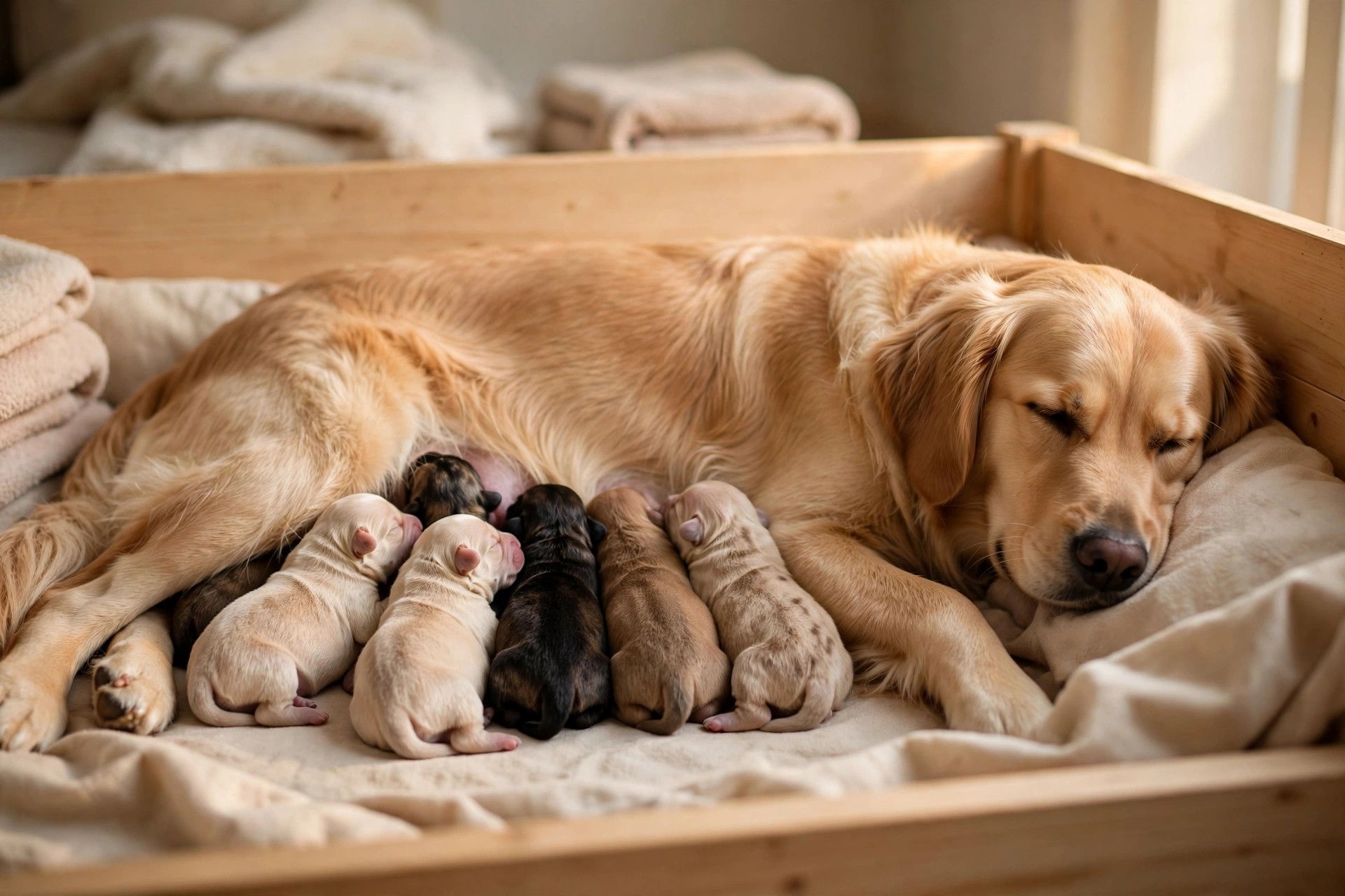 Newborn puppies nursing from their mother dog in a whelping box