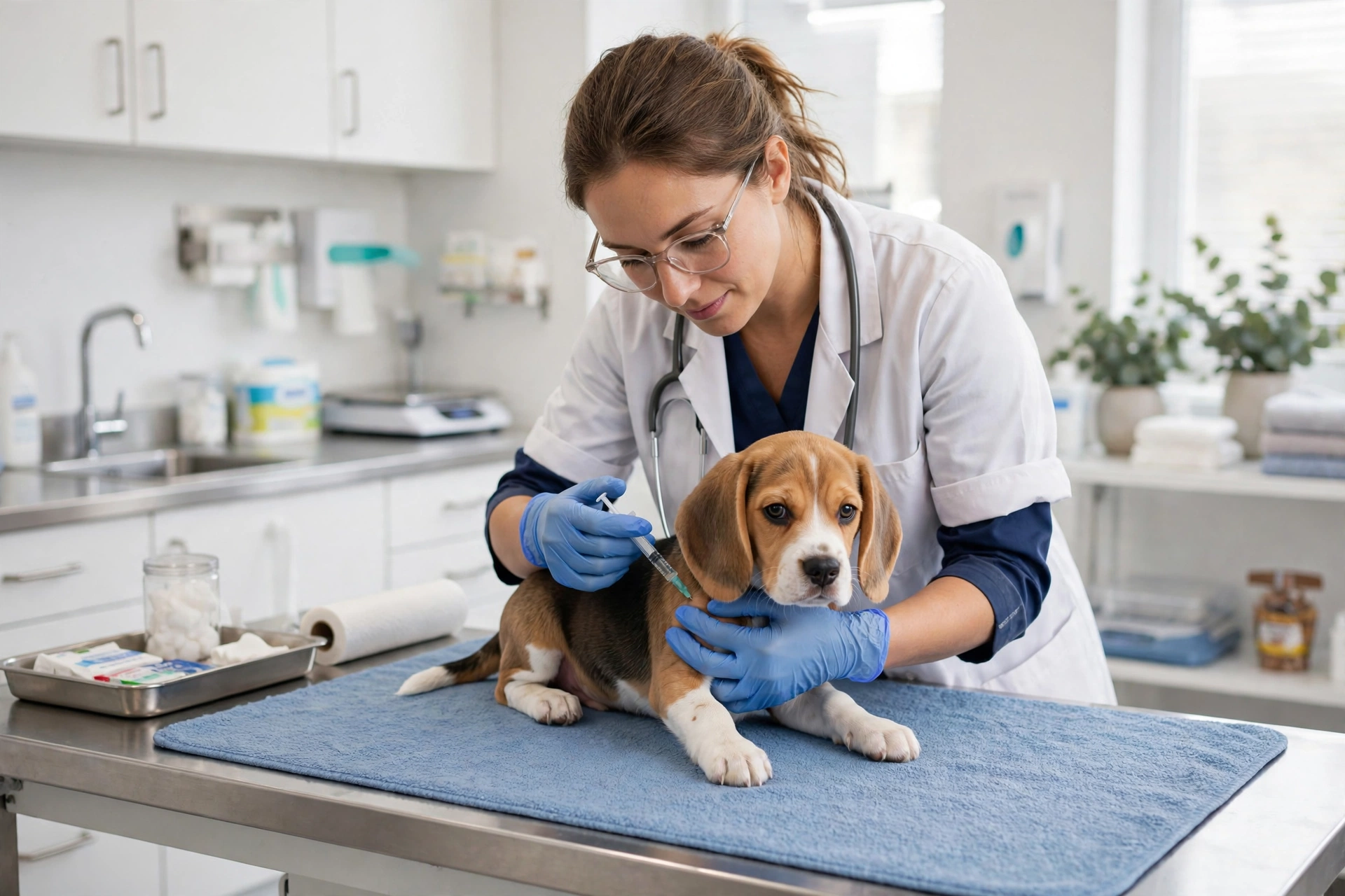 Veterinarian giving a vaccination shot to a small puppy