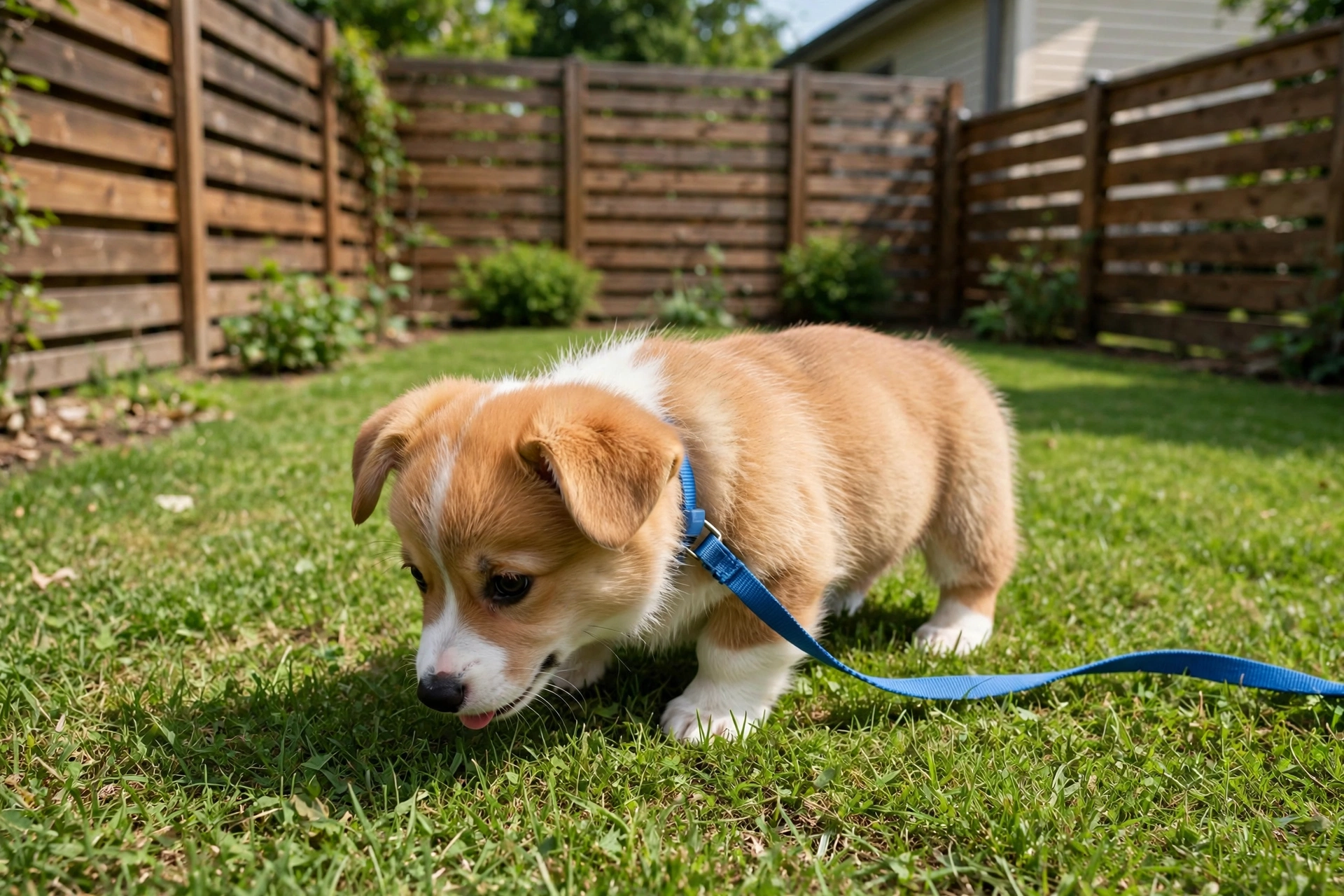 Puppy on a leash exploring clean grass in a private backyard