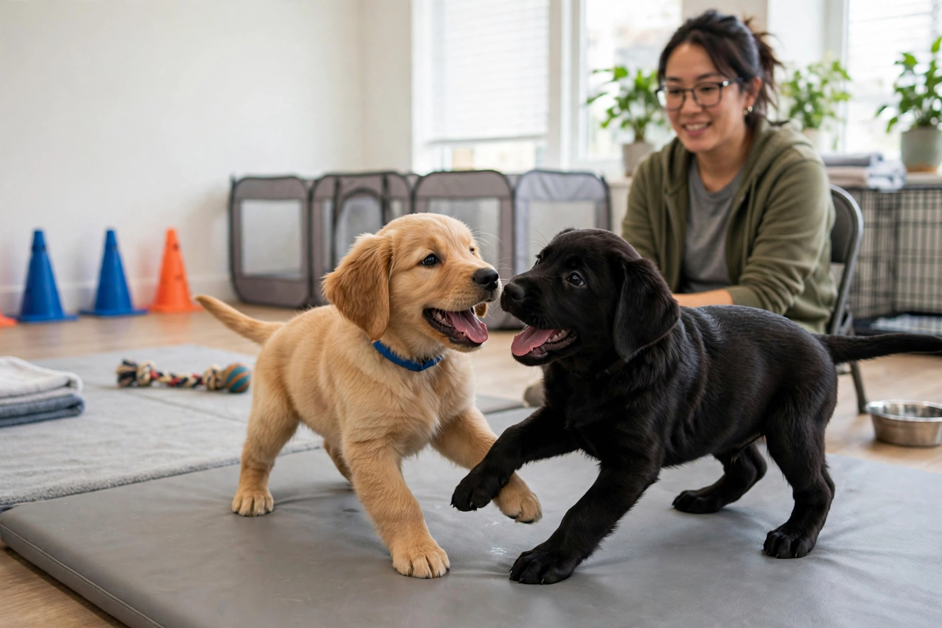 Two puppies playing together under supervision at a clean puppy class