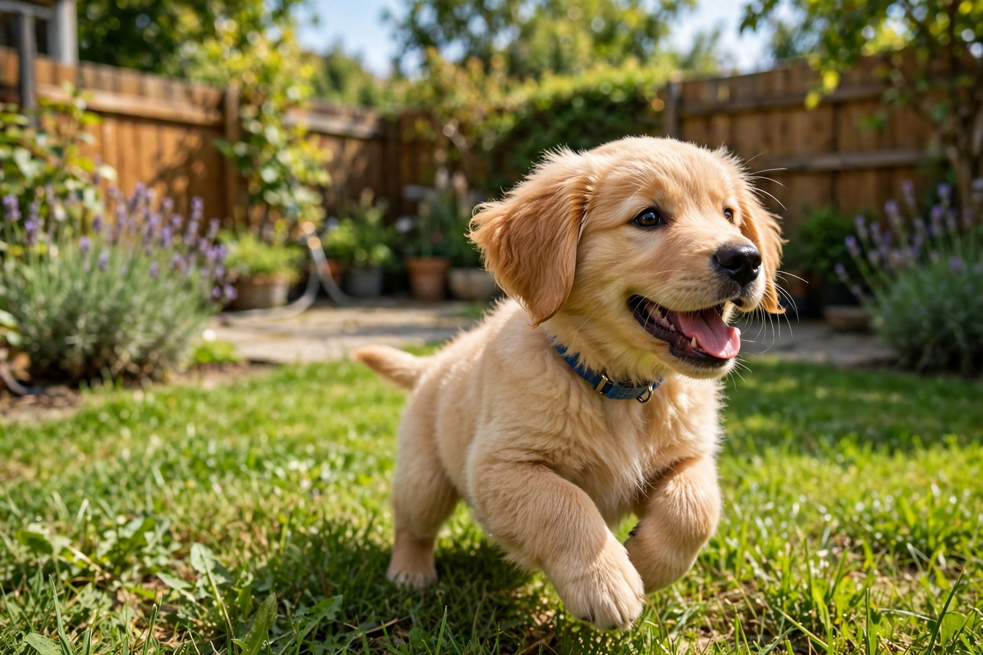 Happy golden retriever puppy playing in a sunny backyard