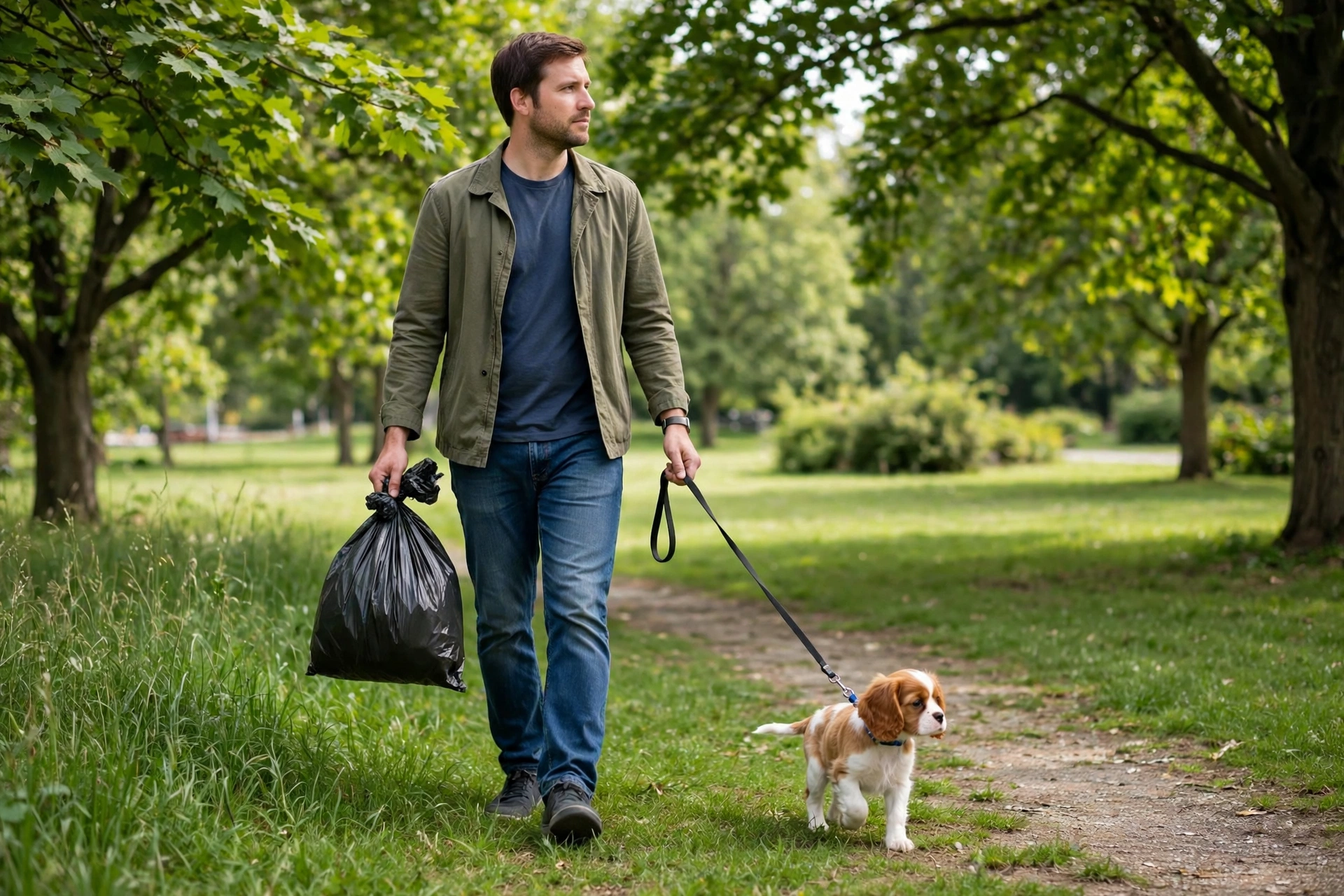 Dog owner holding a waste bag while walking a puppy on a park path