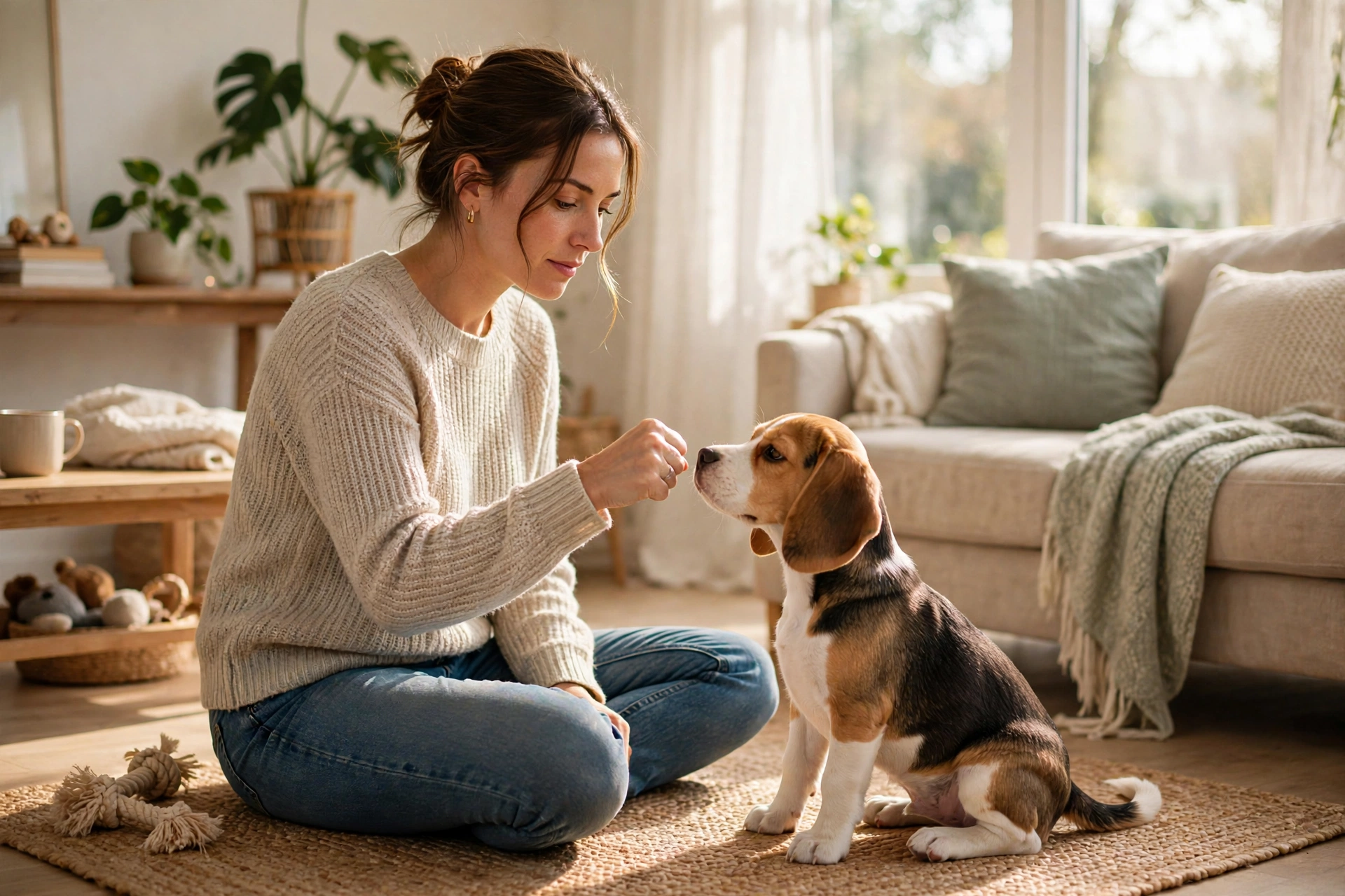 Owner training a beagle puppy to leave it with a treat reward