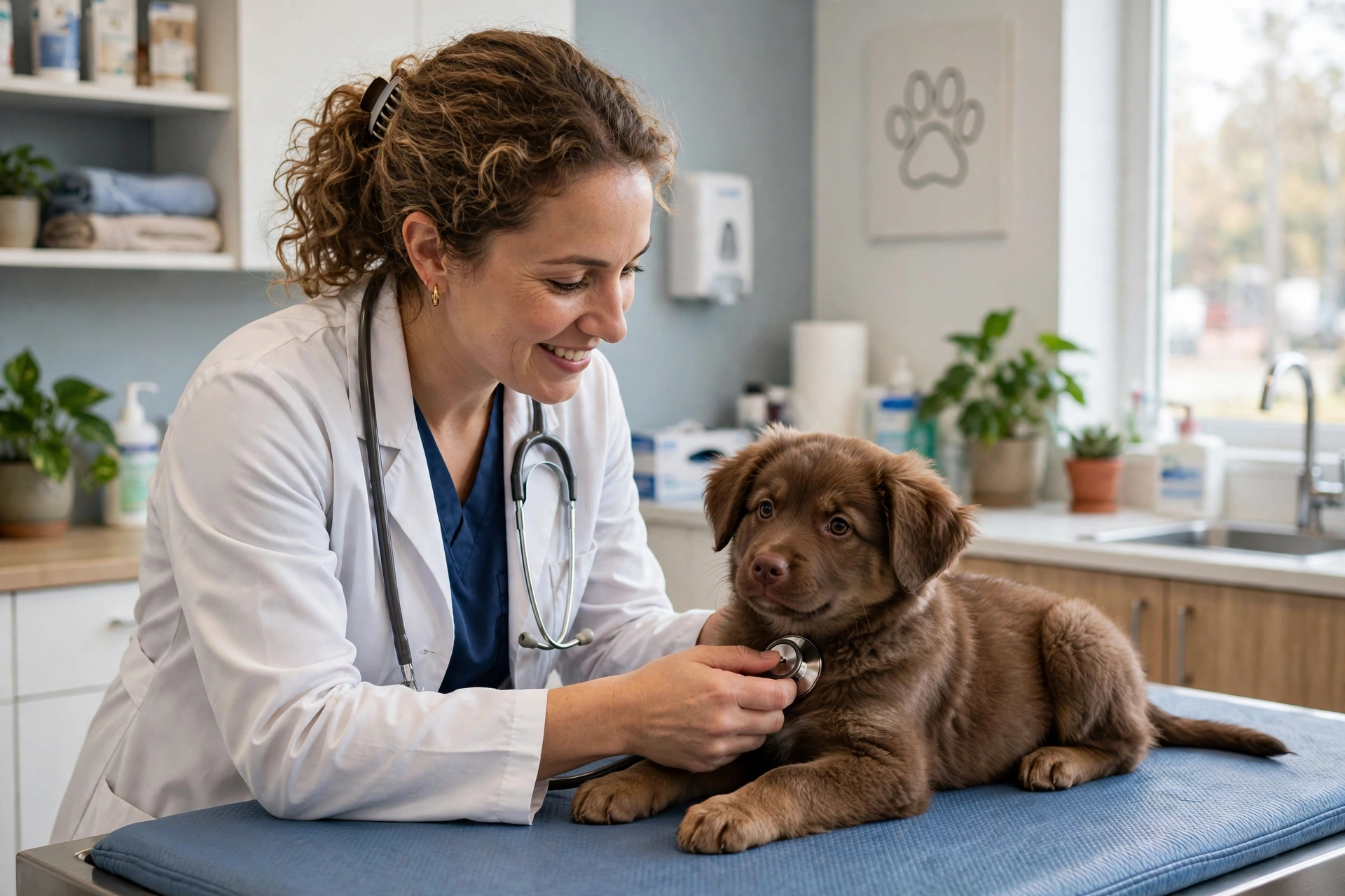 Veterinarian examining a puppy on an exam table in a clinic