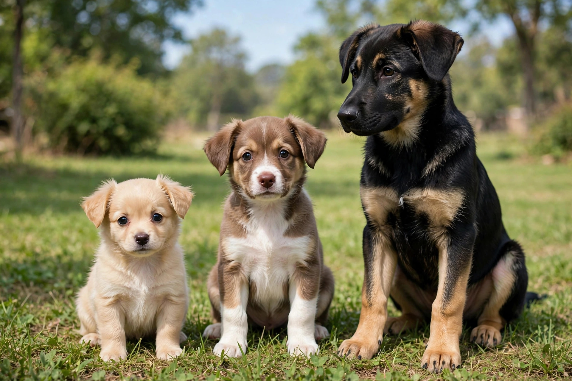 Three puppies of different ages and sizes sitting together on grass