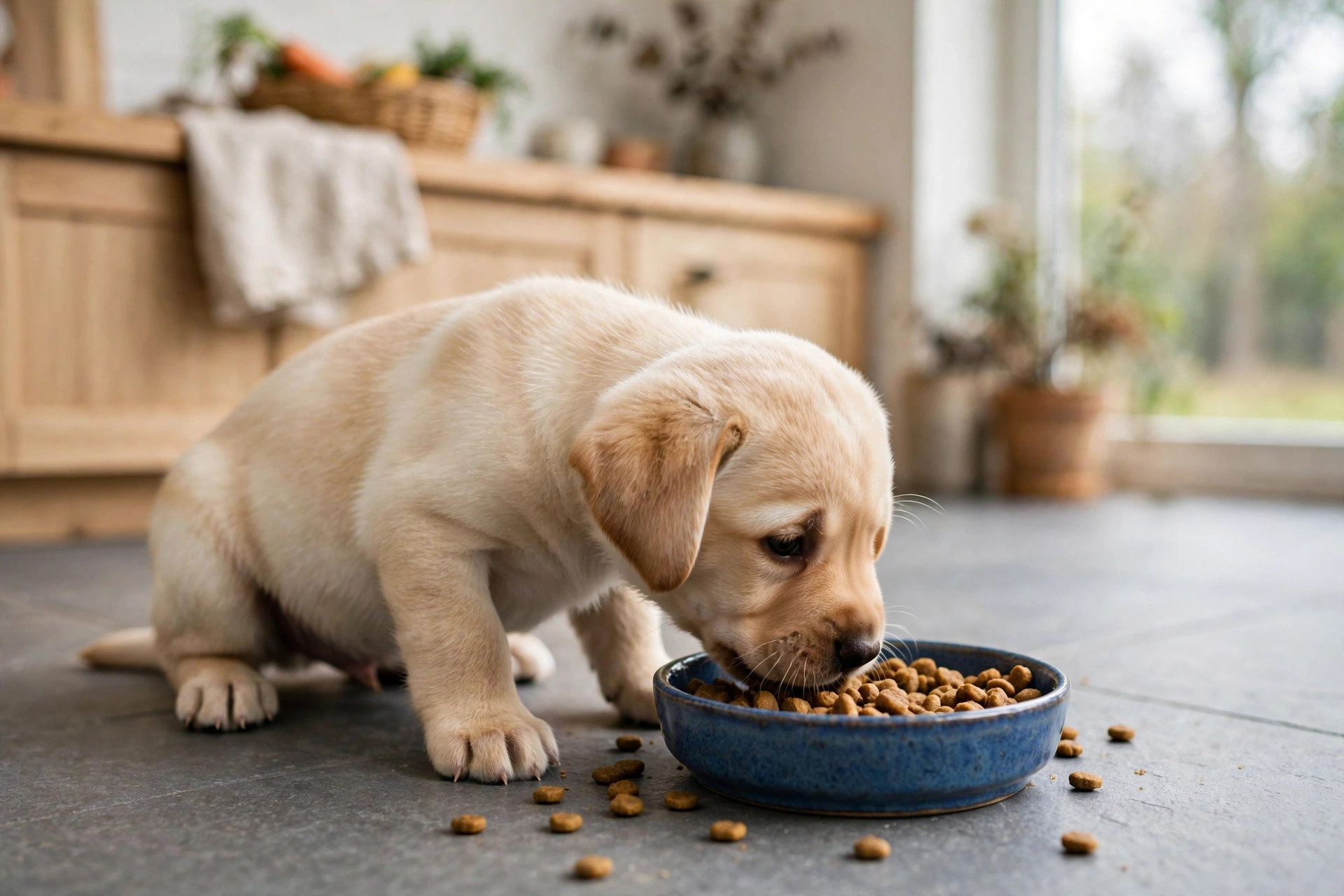 Eight-week-old Labrador puppy eating kibble from a blue bowl