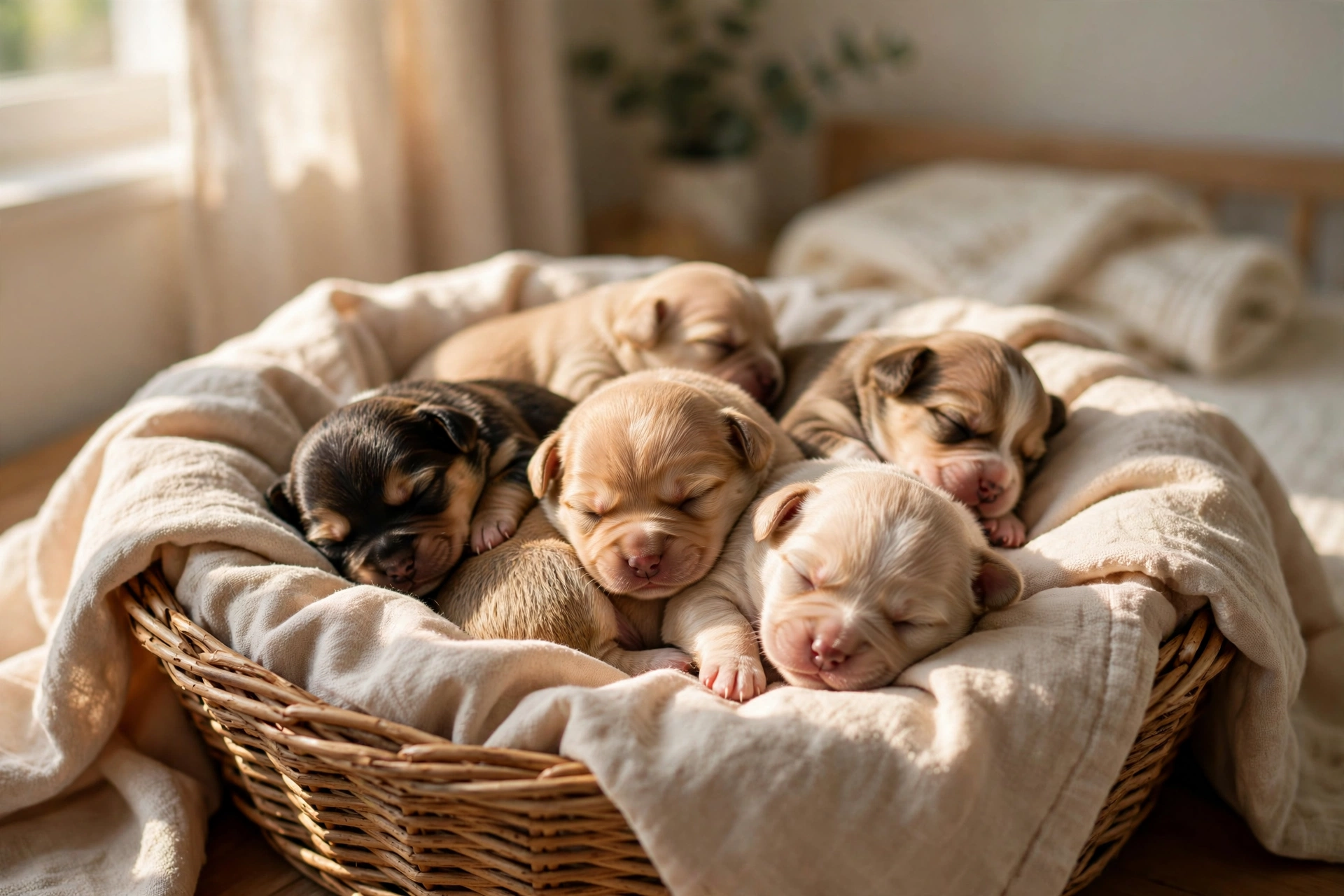 Tiny newborn puppies curled up asleep together in a basket