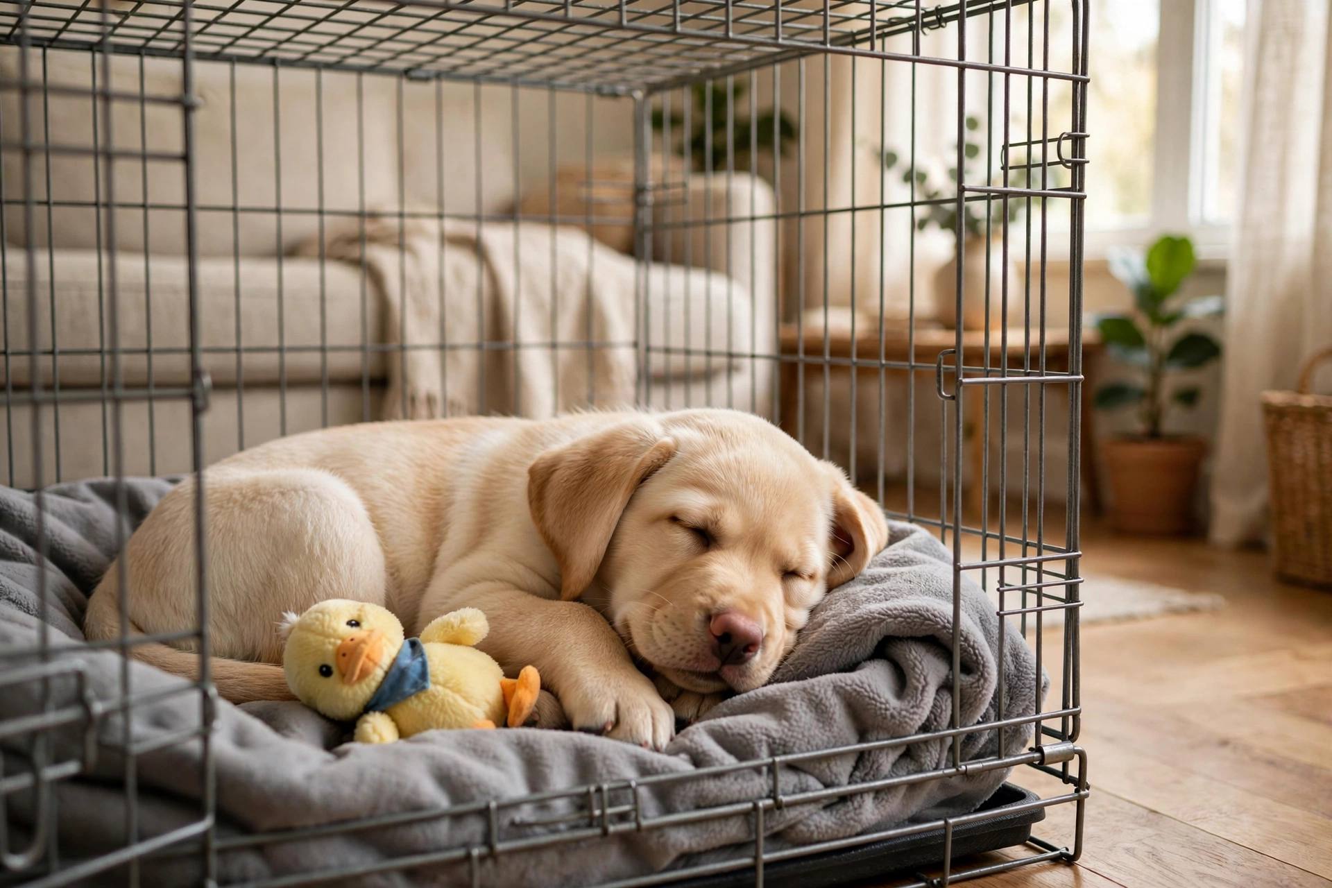 Young puppy napping peacefully inside a crate with soft bedding