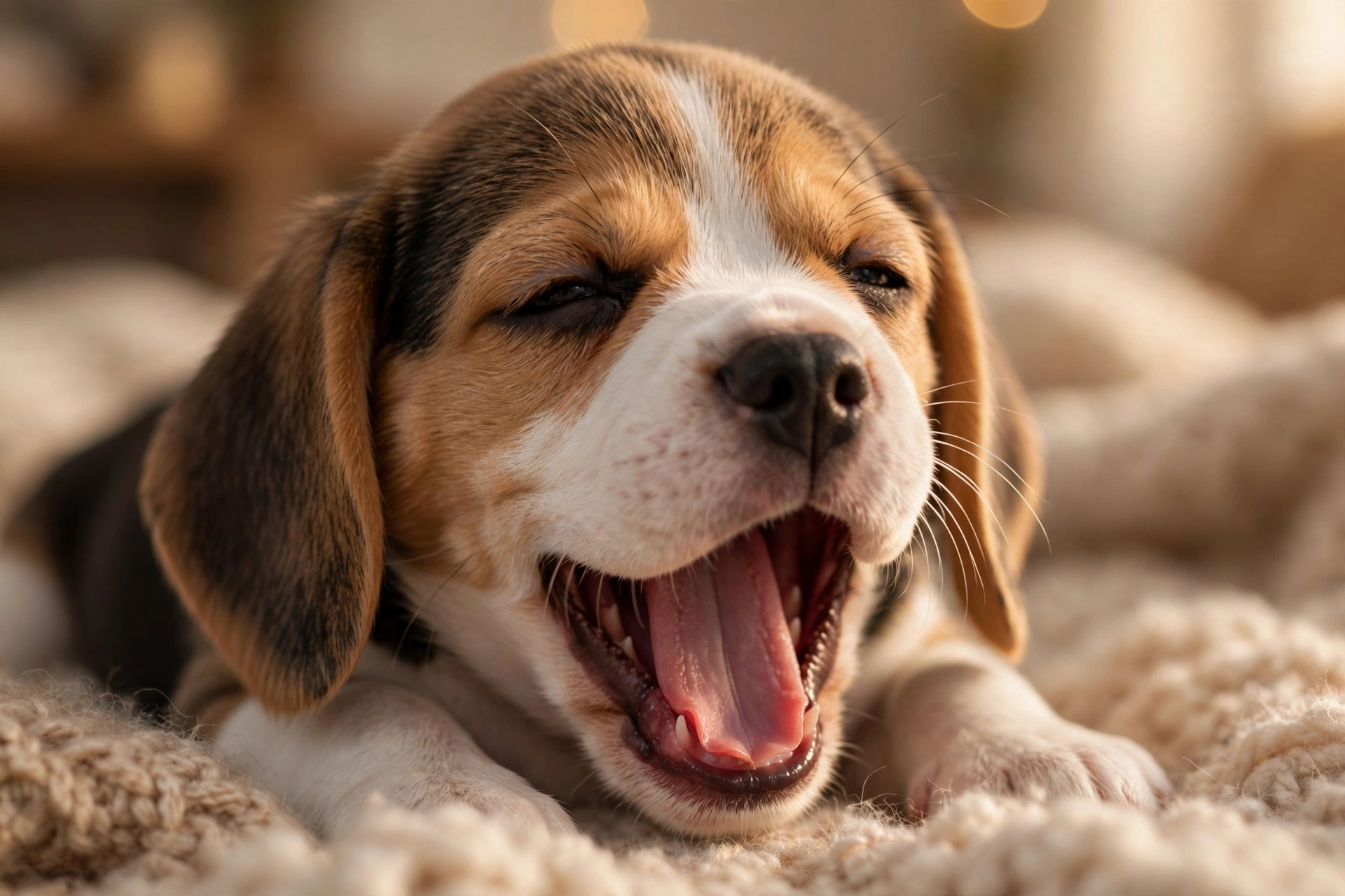 Sleepy puppy yawning with droopy tired eyes