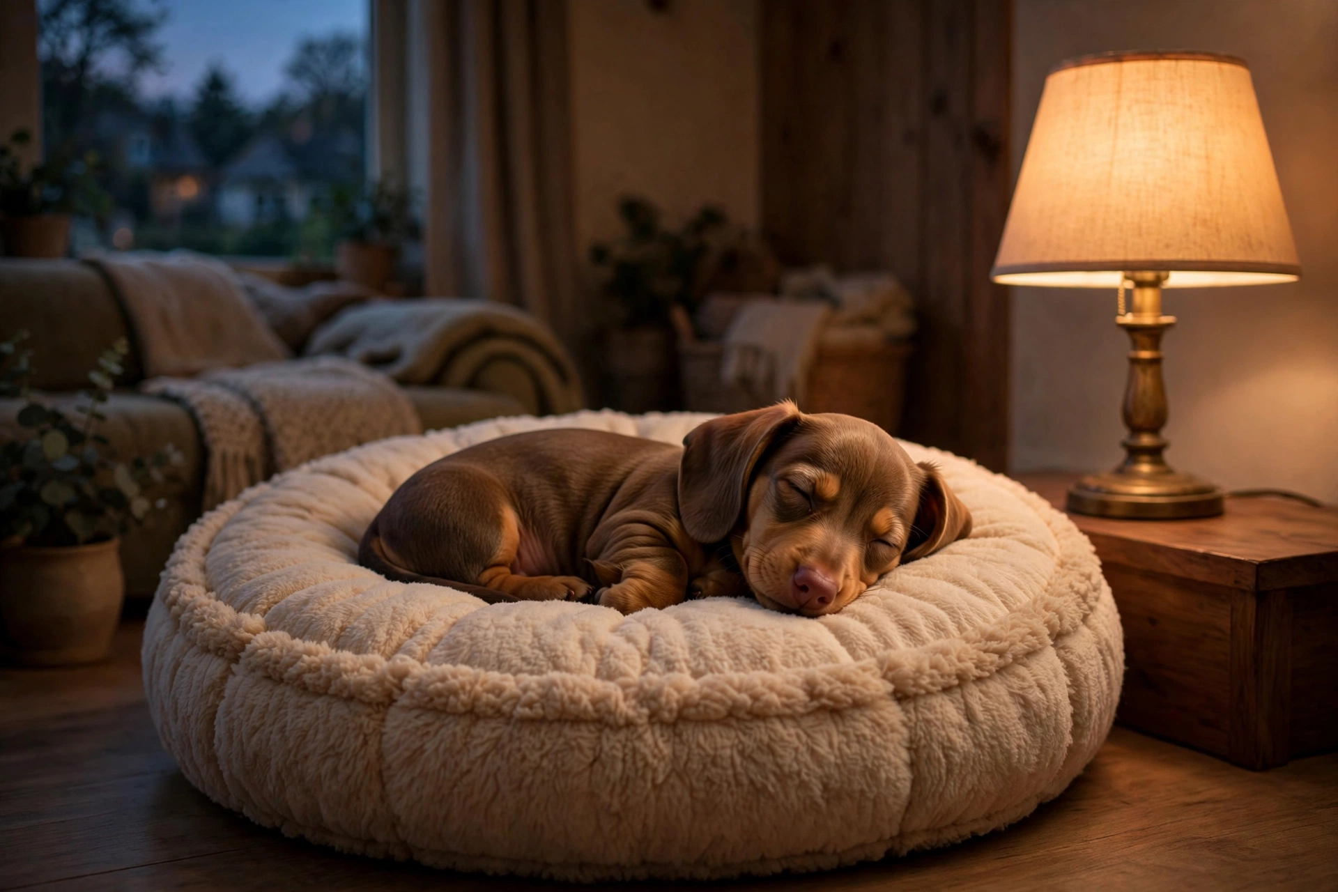 Puppy resting on a dog bed in a dim cozy living room at dusk