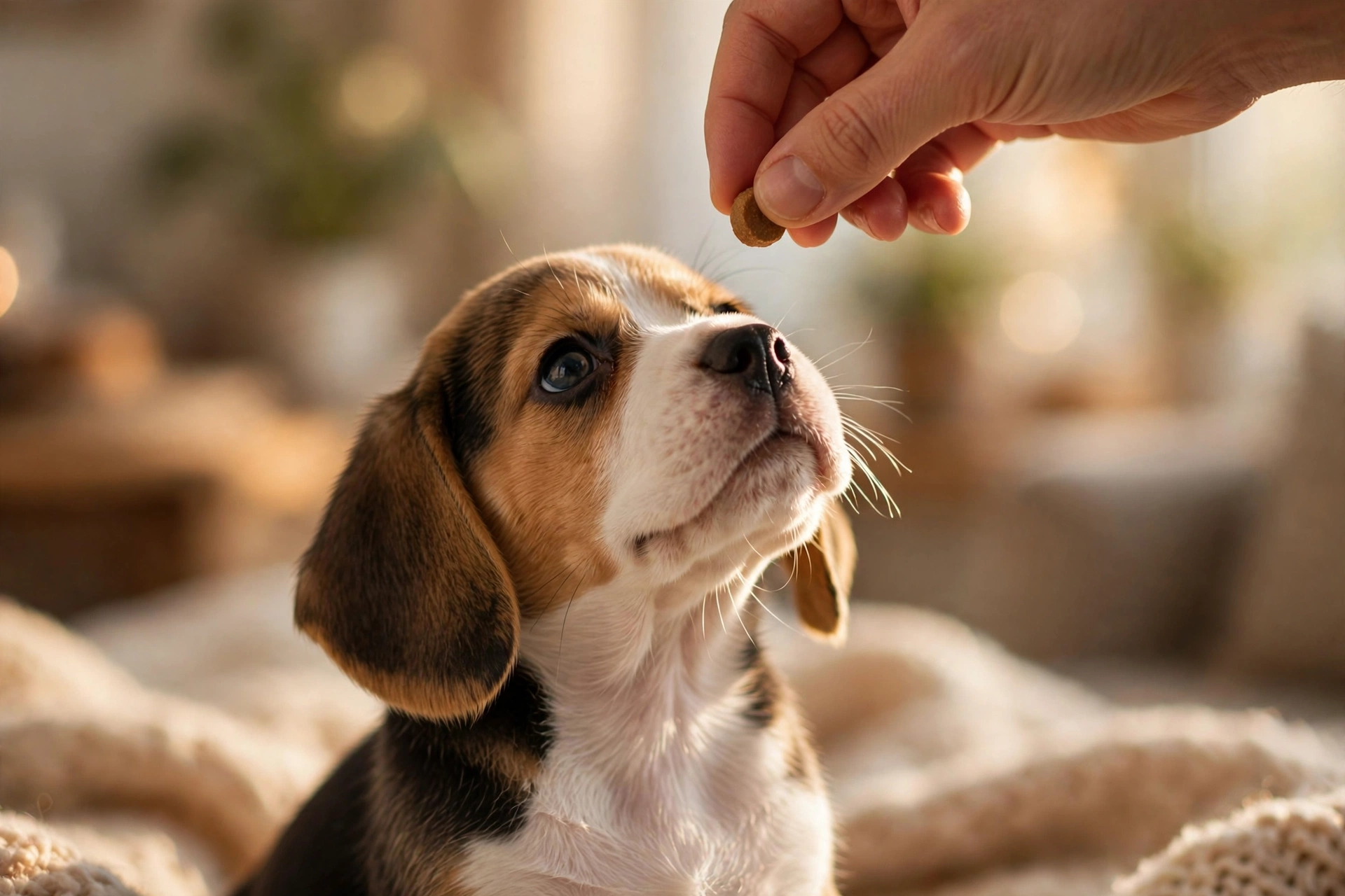 Eight-week-old beagle puppy learning the sit command with treat luring.