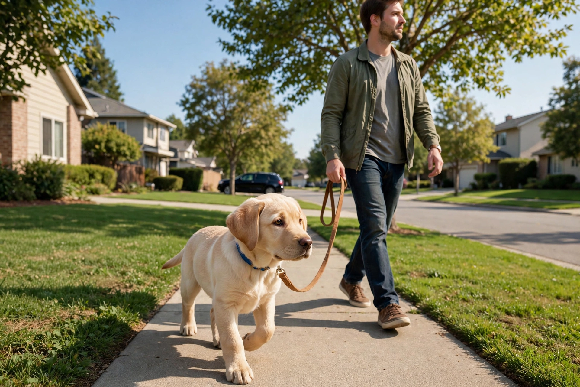 Young Labrador puppy practicing loose-leash walking on a sidewalk.