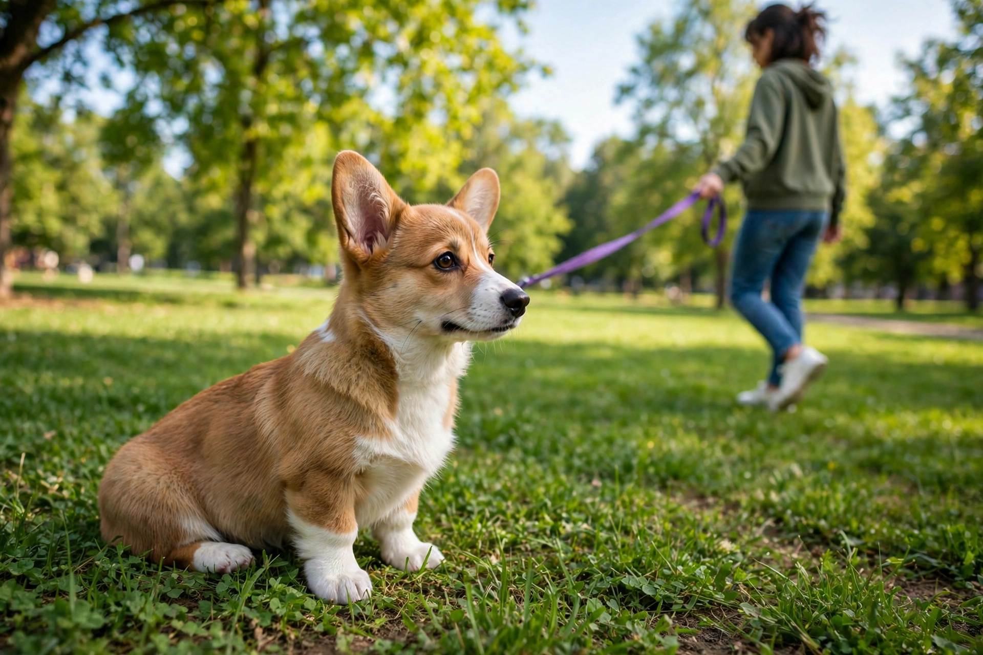 Corgi puppy practicing stay in a park while the owner steps back.