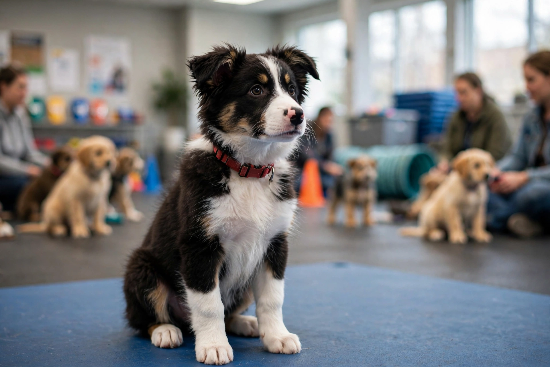Border collie puppy attending a beginner group training class.
