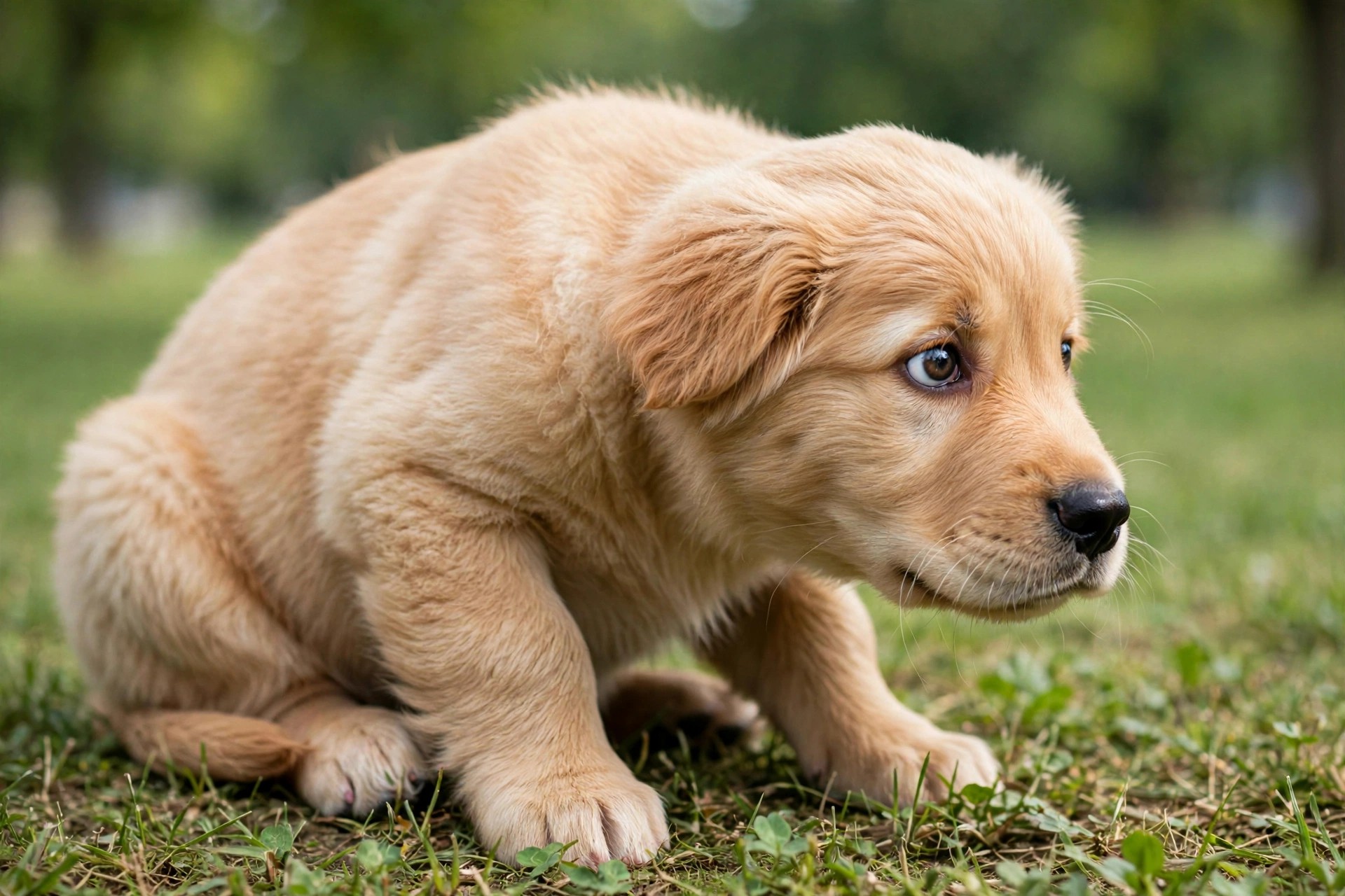 Puppy showing fear body language with tucked tail around other dogs