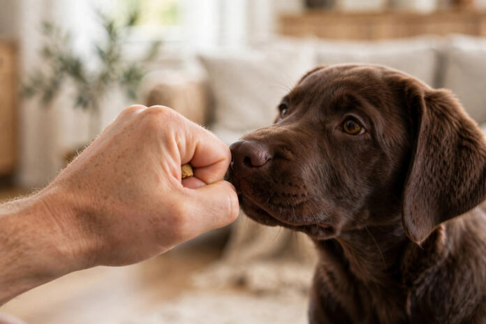 Close-up of a closed fist holding a treat at a Labrador puppy's nose during leave it training