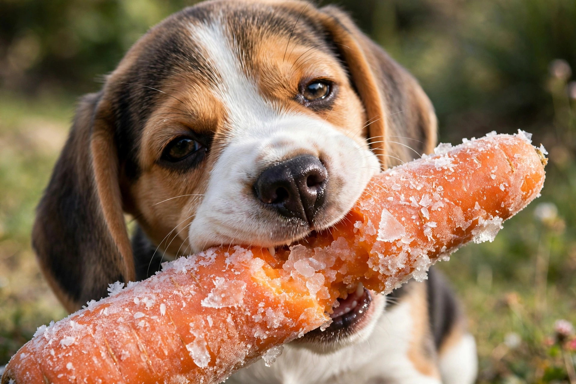 Beagle puppy gnawing contentedly on a large frozen carrot