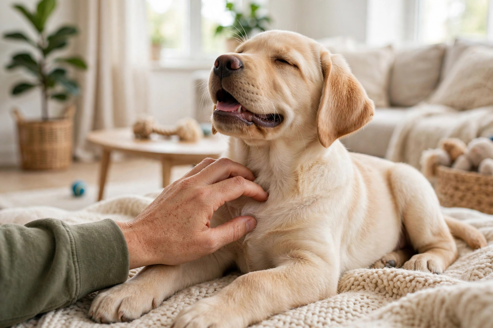 Owner's hand gently stroking a relaxed labrador puppy's chest