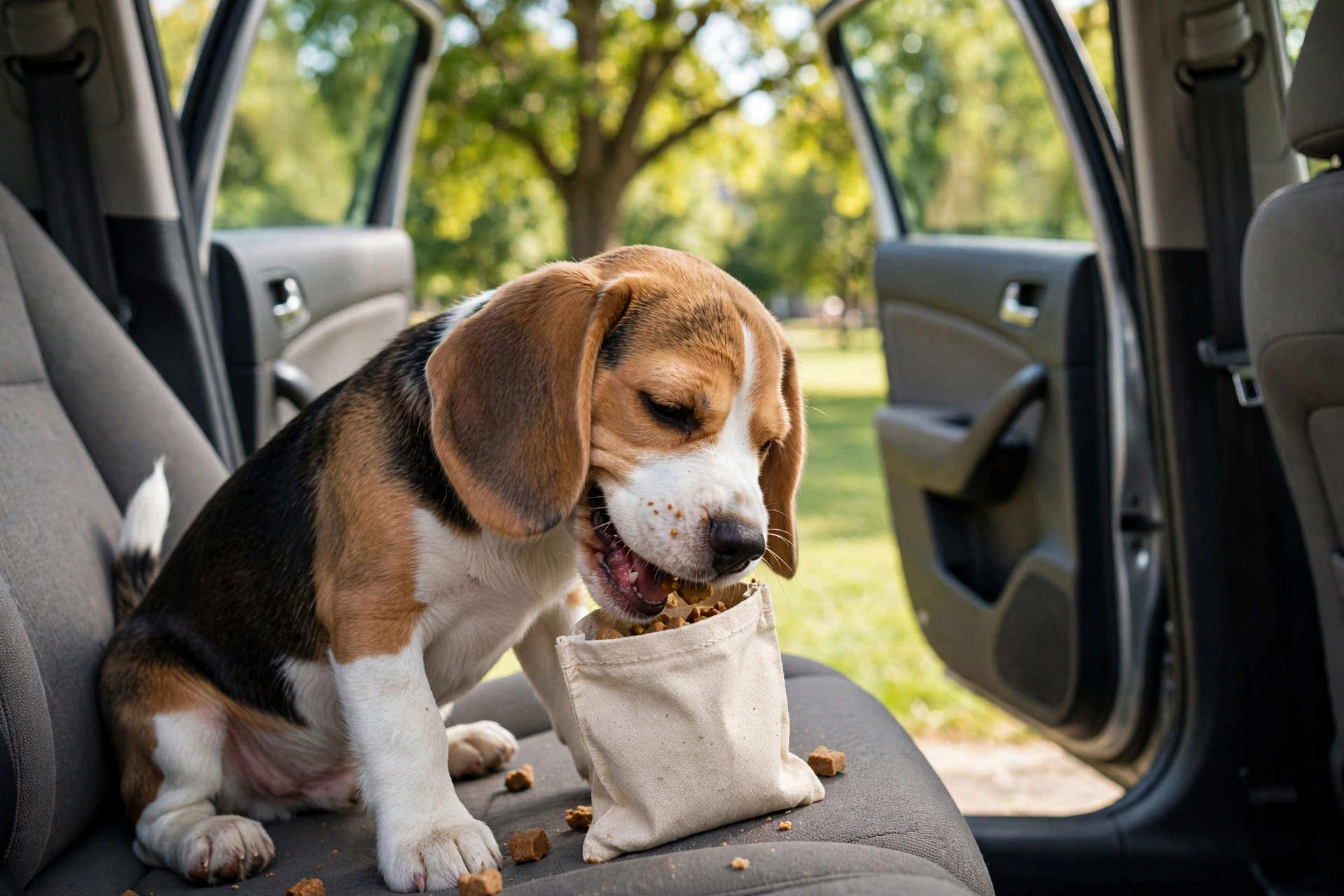 Beagle puppy happily eating treats inside a parked car