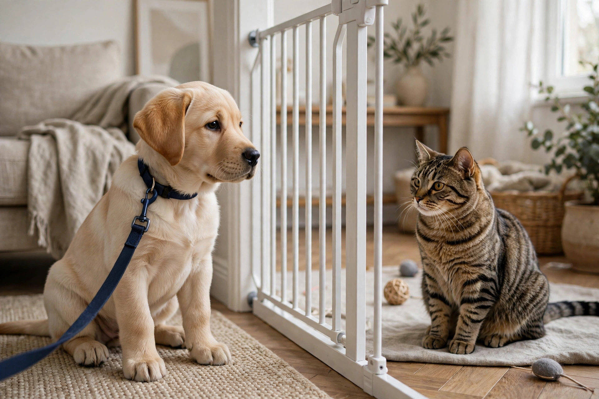 Labrador puppy on a leash calmly watching a tabby cat through a baby gate
