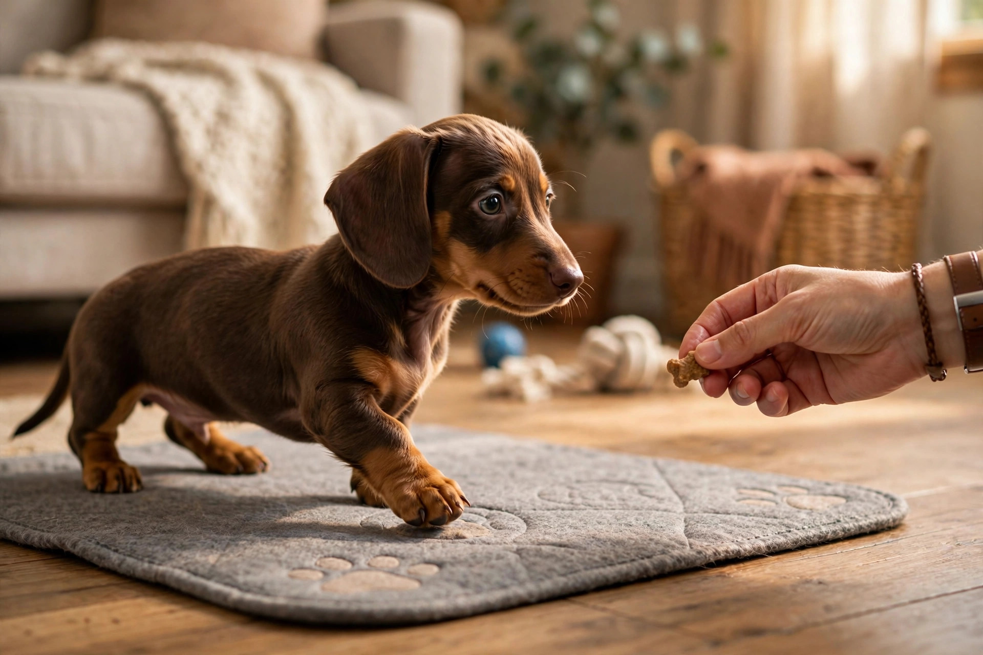 Dachshund puppy putting its first paw on a training mat