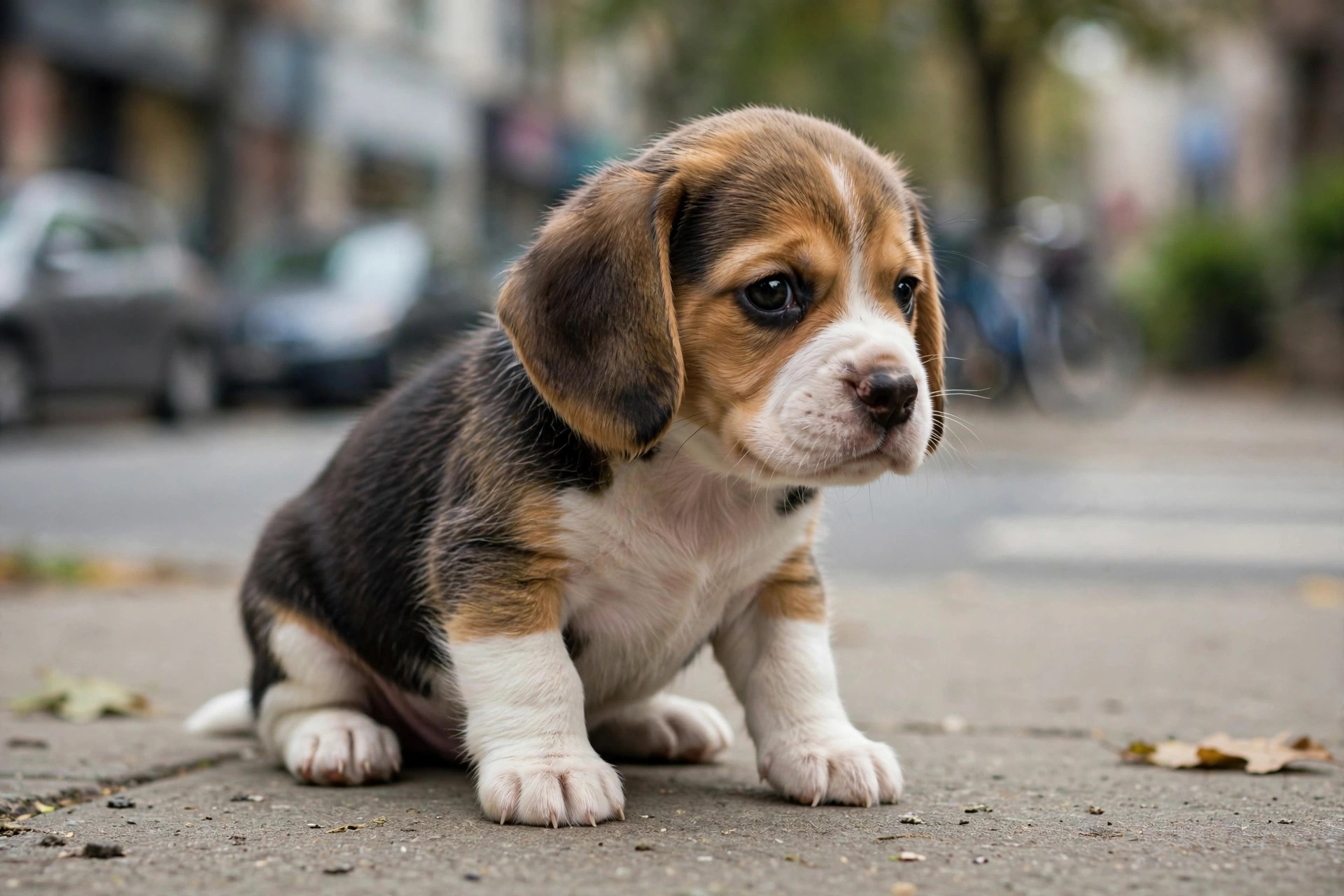 Beagle puppy planted firmly on a sidewalk in a freeze stress response