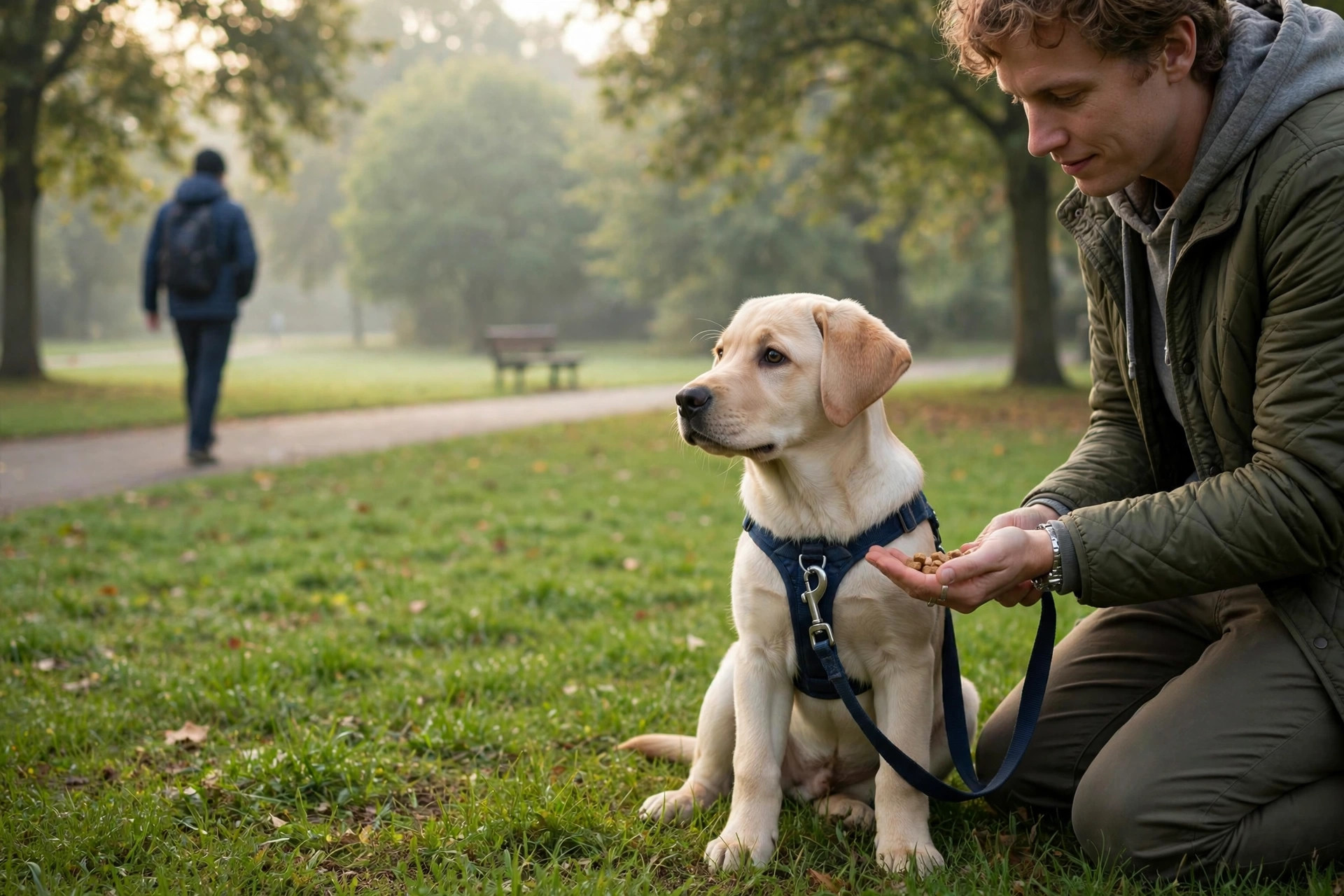 Puppy calmly noticing a distant stranger while owner offers treats
