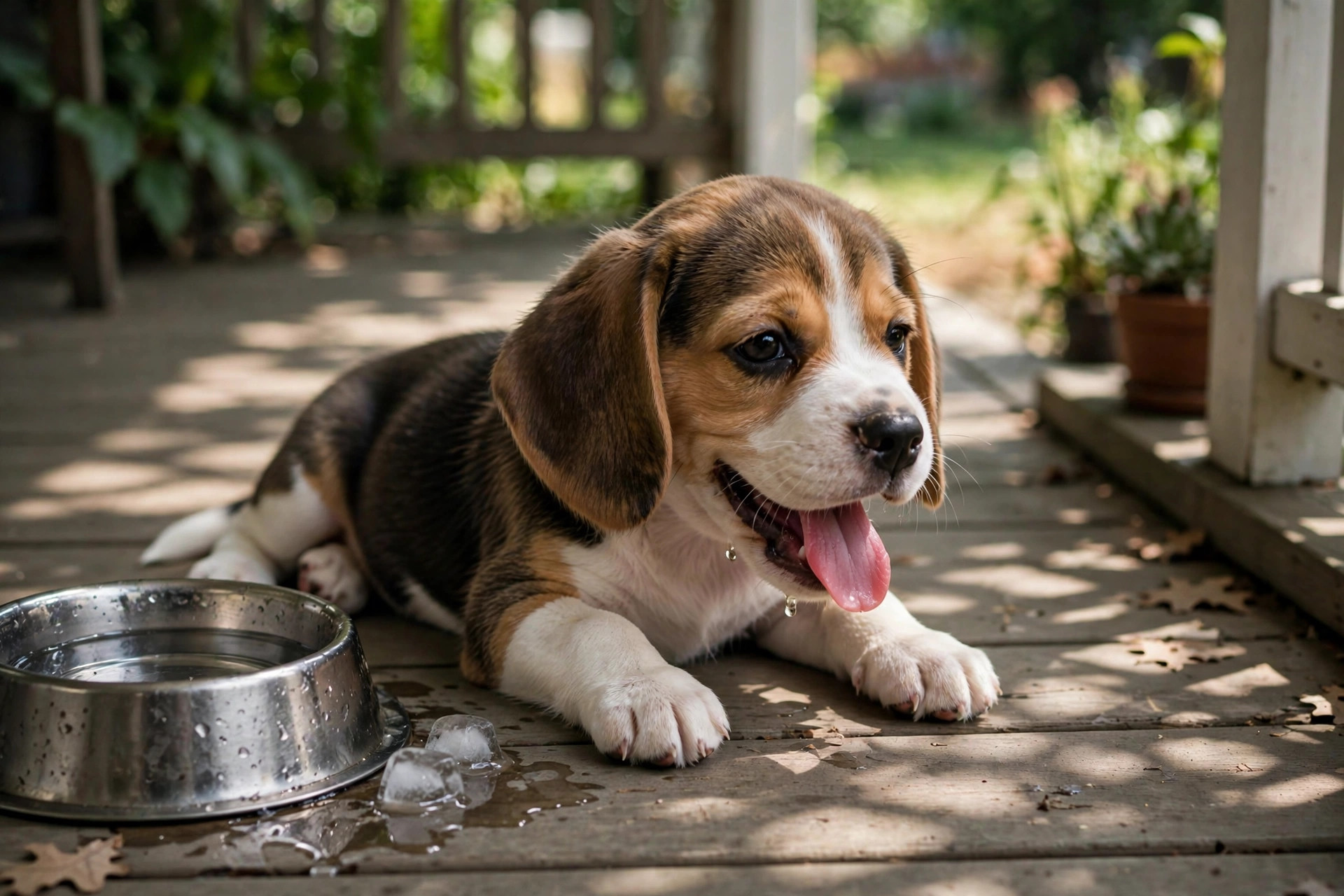 Beagle puppy panting in summer heat on a shaded porch