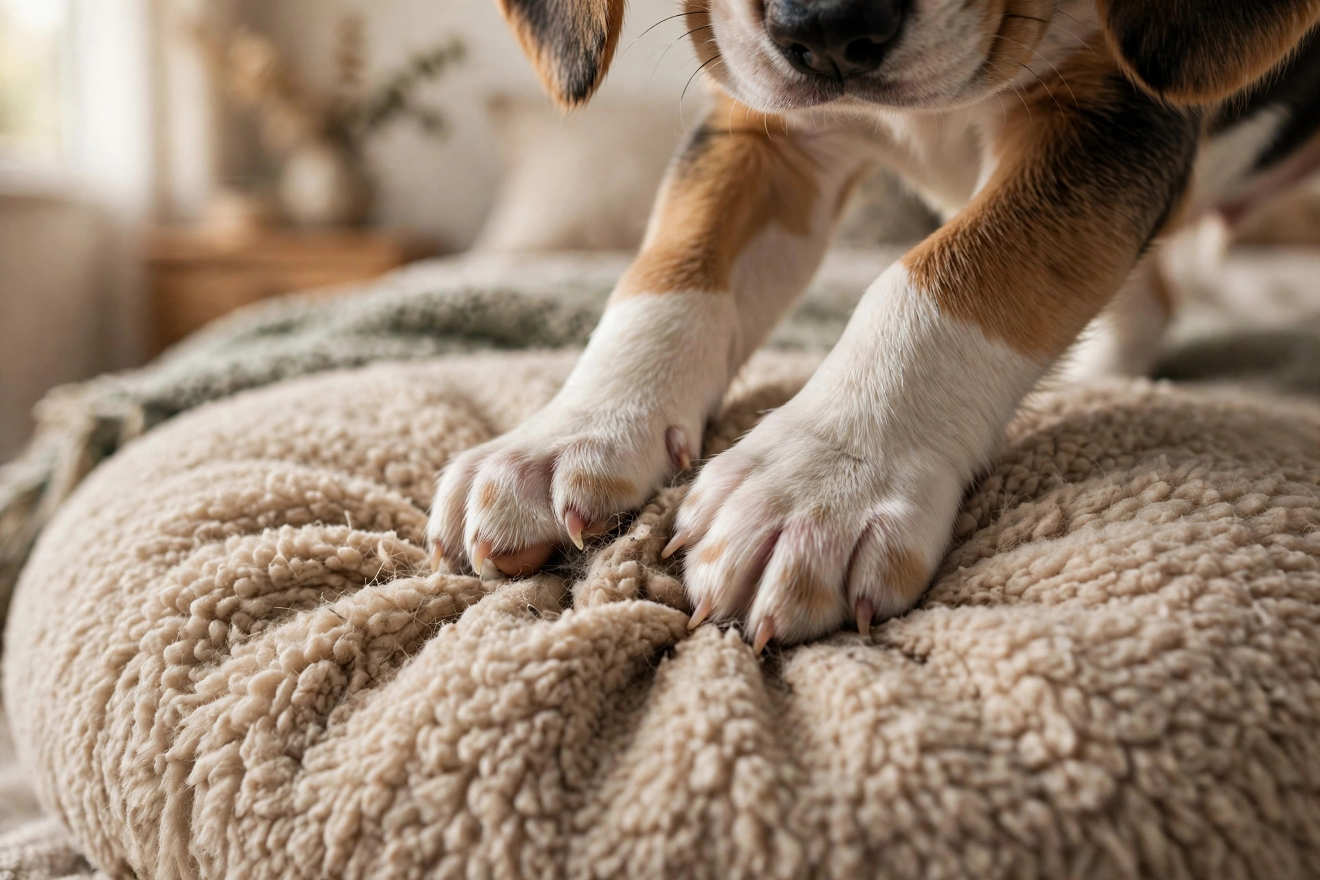 Golden labrador puppy scratching at a fluffy dog bed with its front paws
