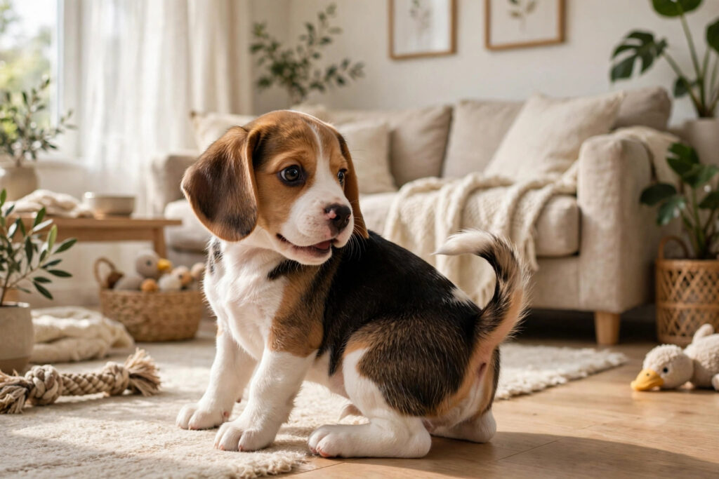 Beagle puppy discovering its own tail for the first time