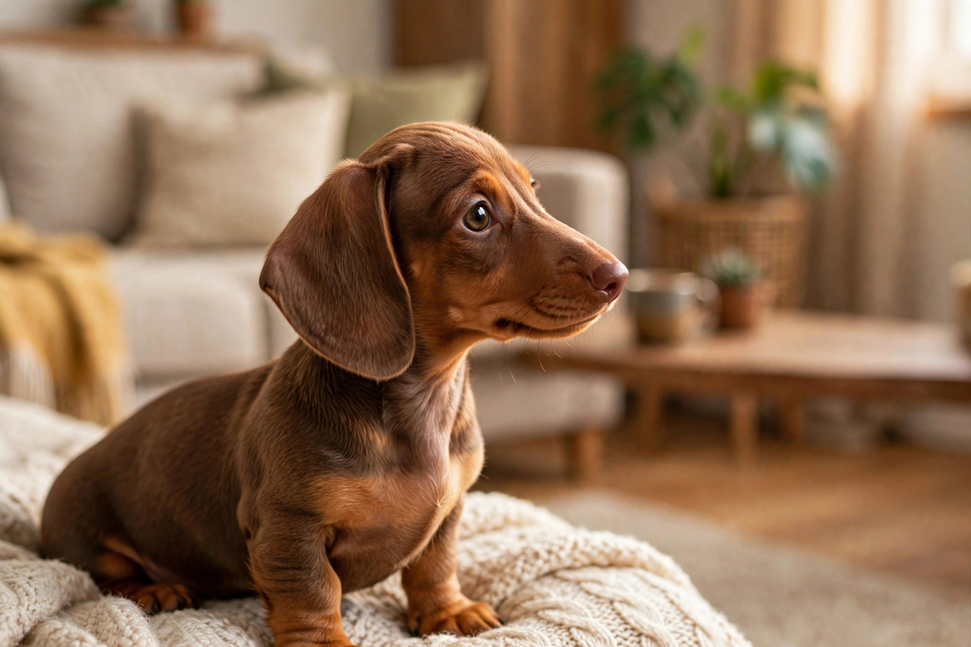 Dachshund puppy with an adorable head tilt looking curious