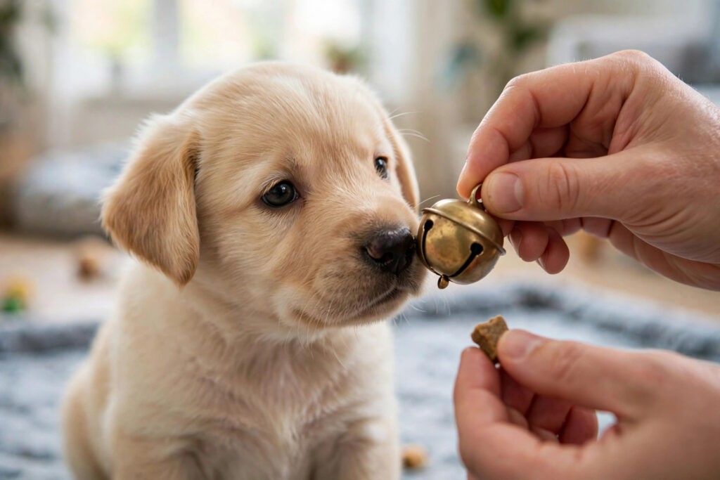 Puppy touching a training bell with its nose during bell training