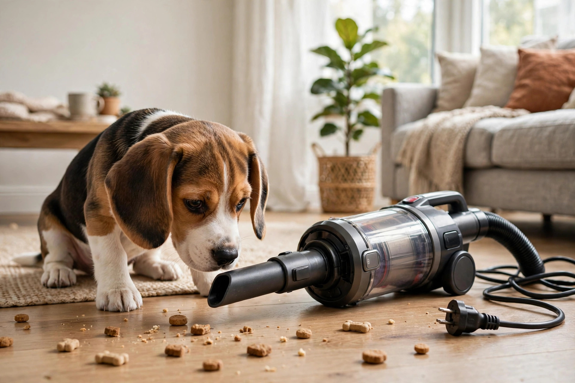 Beagle puppy sniffing a turned-off unplugged vacuum cleaner