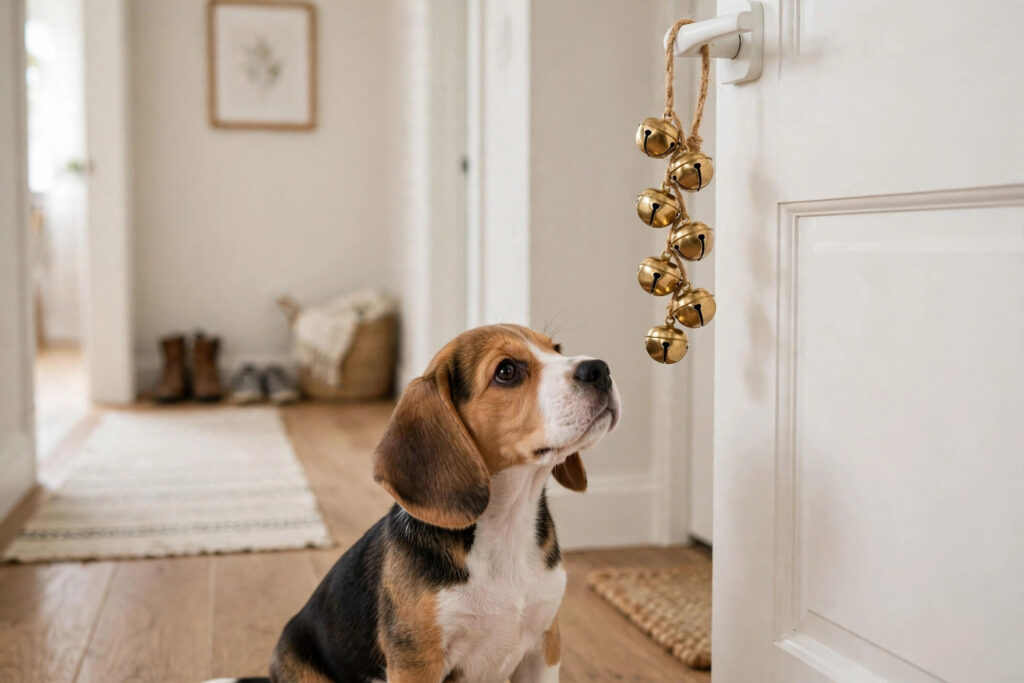 Brass bell strip hanging on a door at puppy nose height
