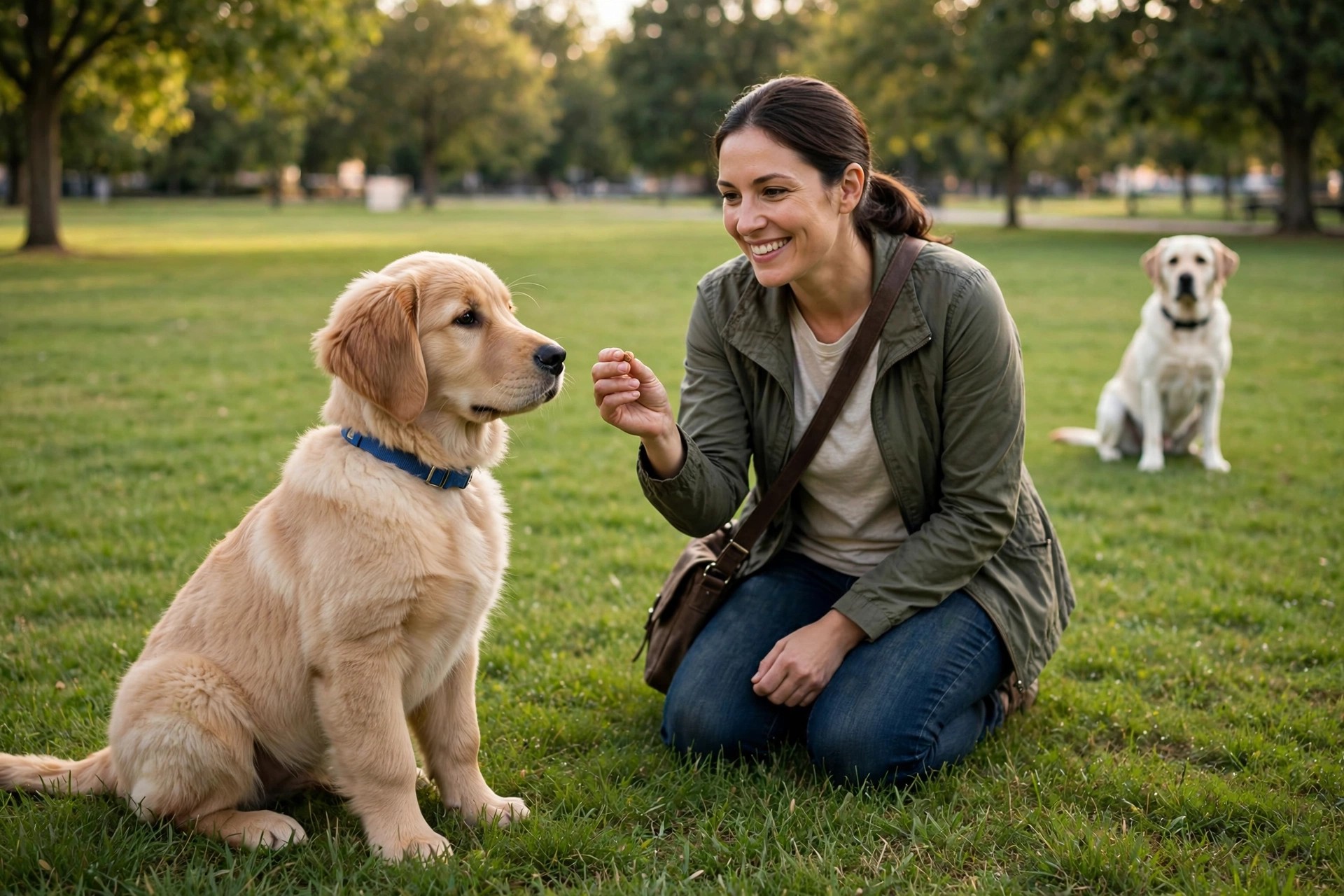 Owner rewarding puppy with a treat during desensitization training near another dog