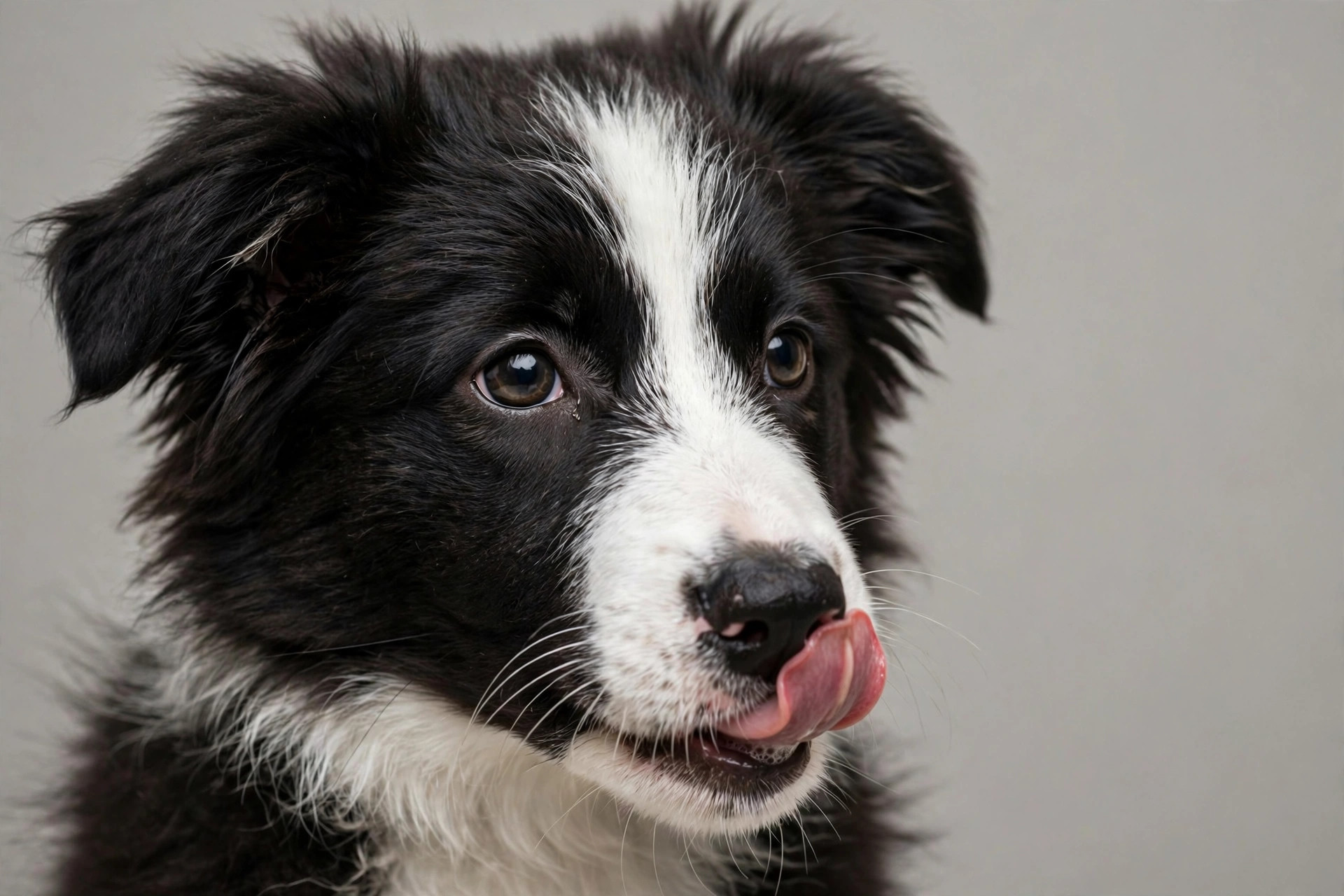 Border collie puppy's face showing subtle stress signals like lip licking