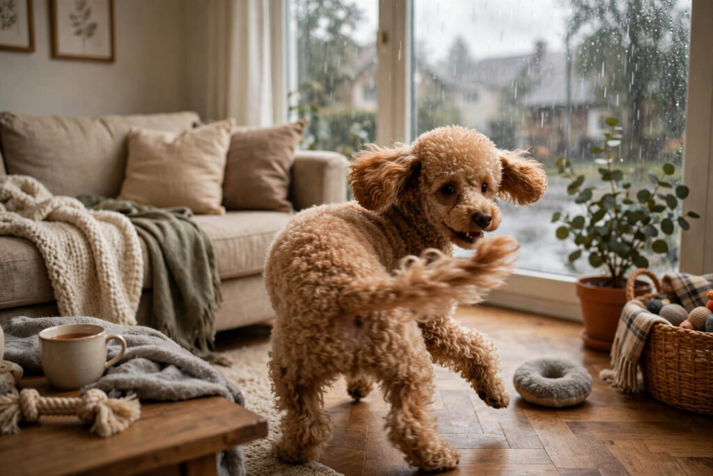 Poodle puppy spinning chasing its tail indoors on a rainy day