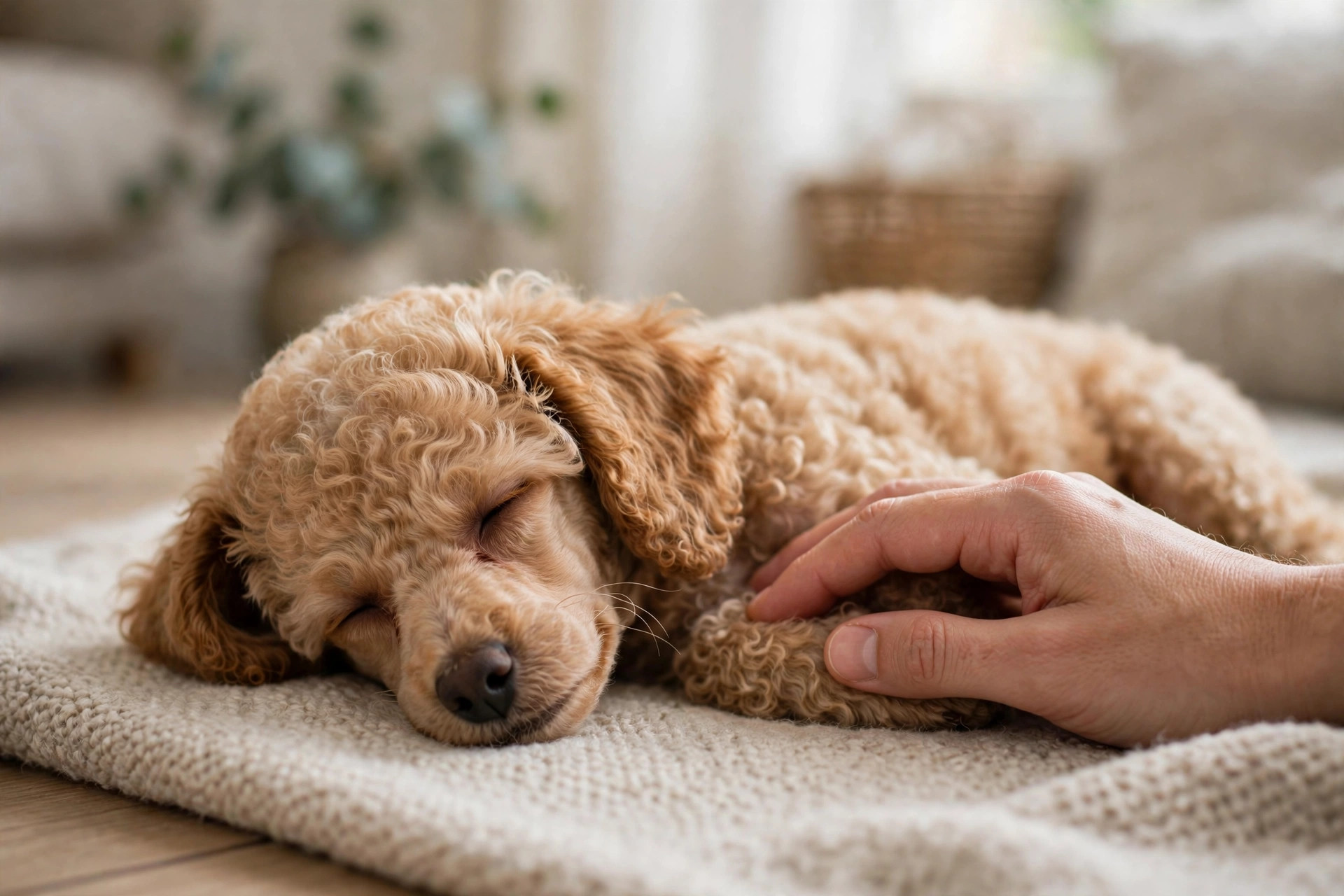 Owner gently monitoring a resting poodle puppy's breathing