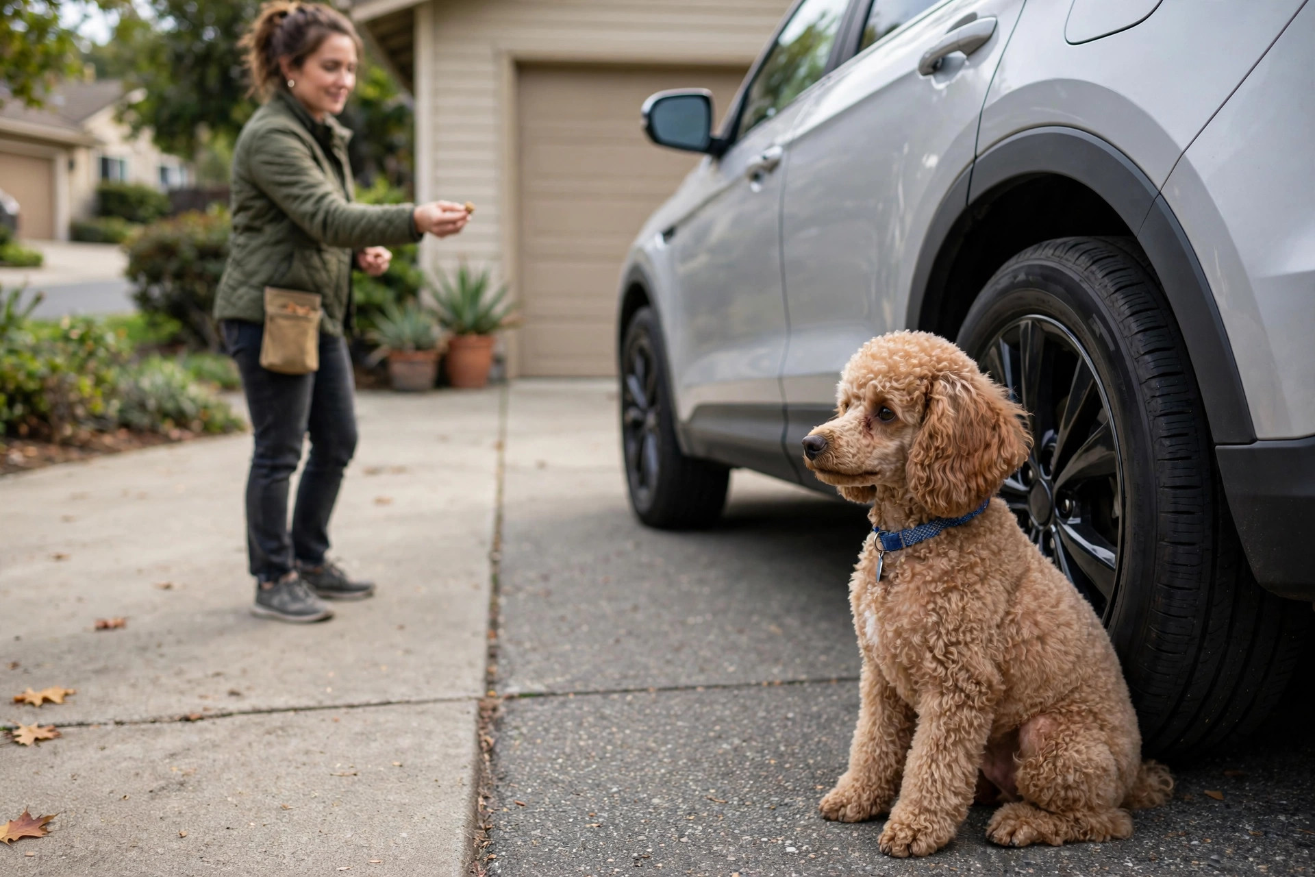 Poodle puppy sitting calmly near a parked car during engine desensitization training